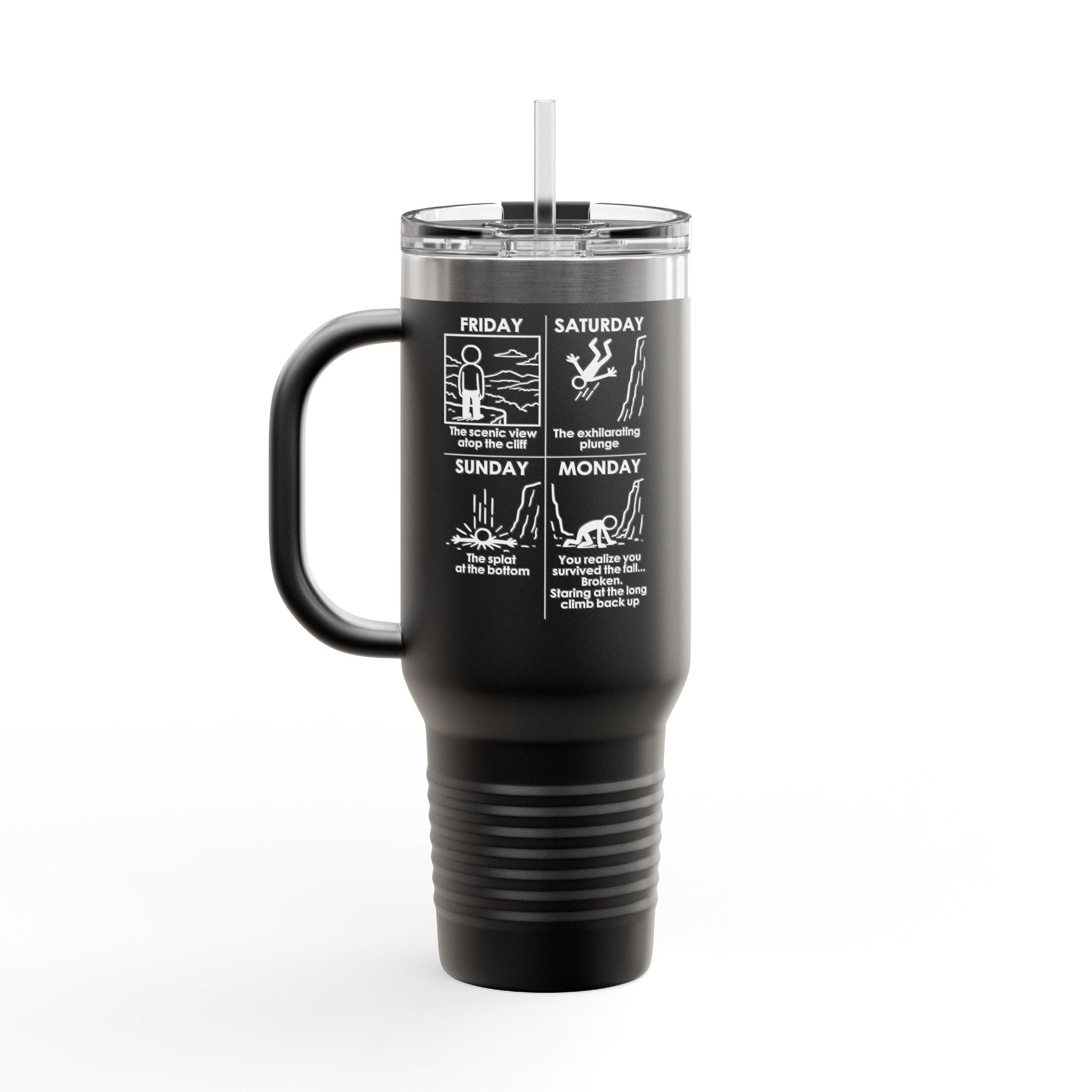 Weekend Cliff Comic Travel Mug – Dark Humor Friday to Monday Survival Tumbler