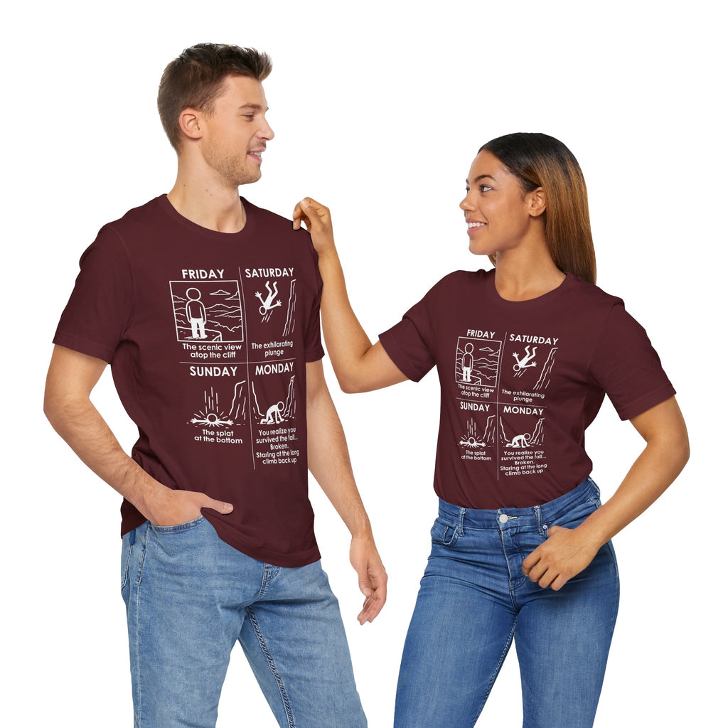 Weekend Cliff Comic T-Shirt – Dark Humor Friday to Monday Survival Graphic Tee