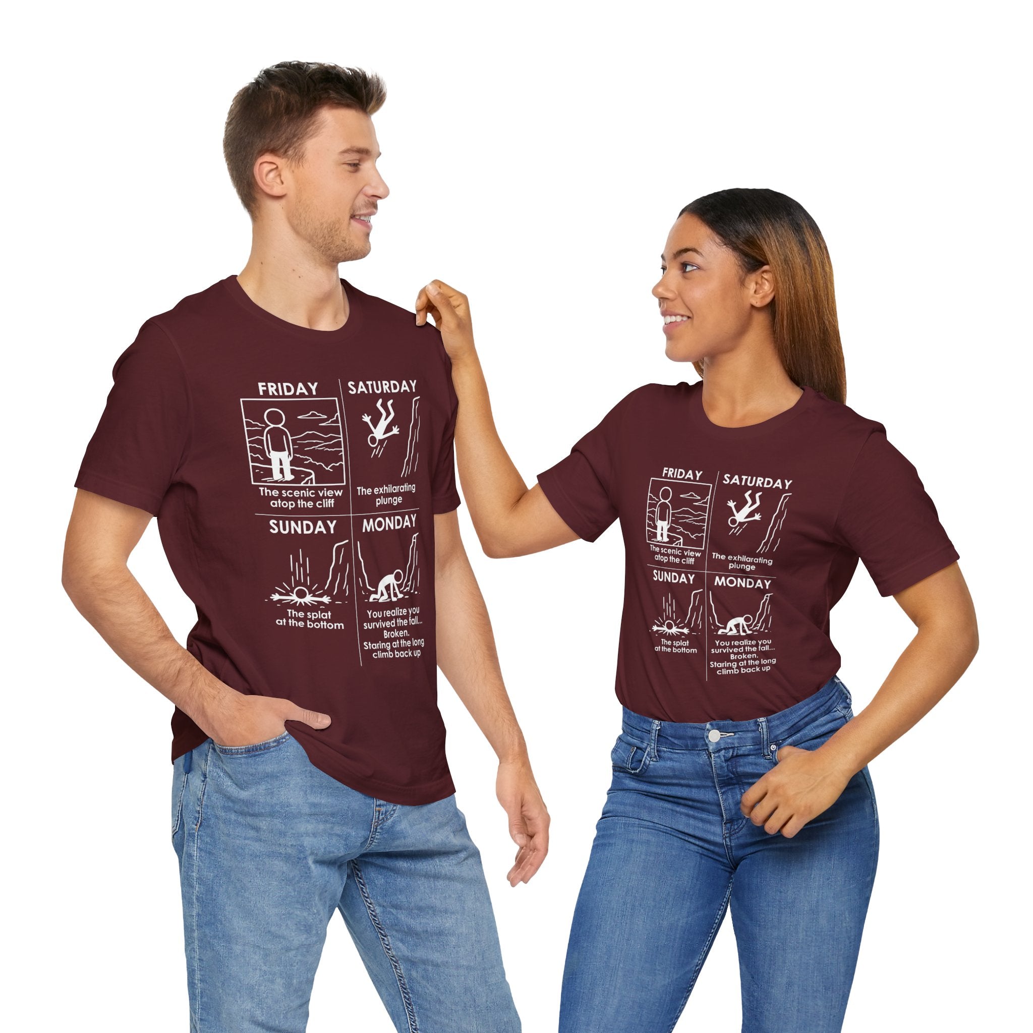 Weekend Cliff Comic T-Shirt – Dark Humor Friday to Monday Survival Graphic Tee