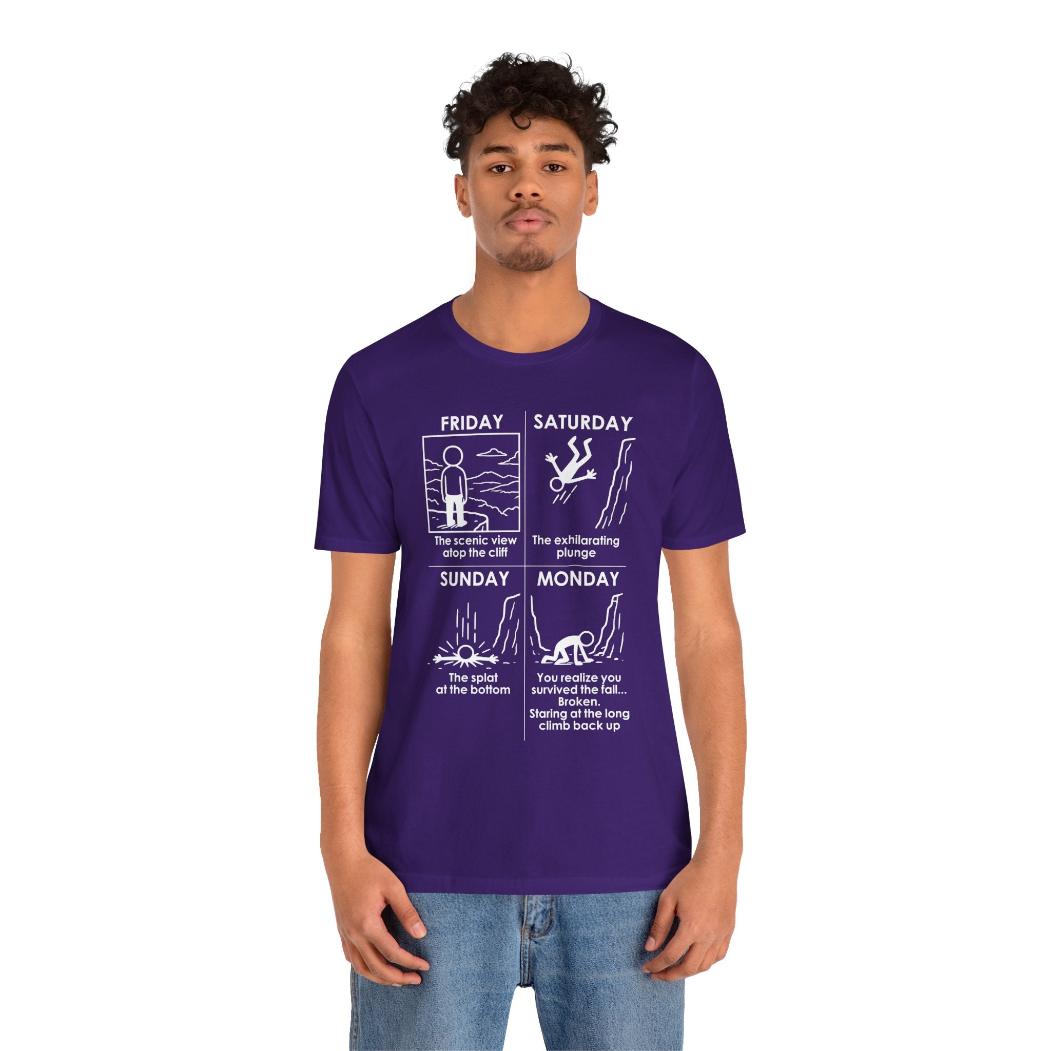 Weekend Cliff Comic T-Shirt – Cliffverse Dark Humor Friday to Monday Survival Graphic Tee