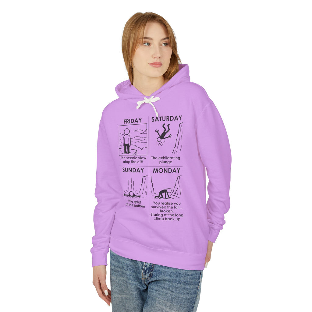 Weekend Cliff Comic Hoodie – Dark Humor Friday to Monday Survival Sweatshirt