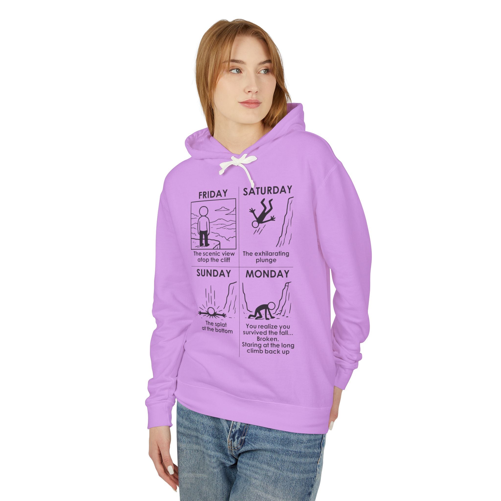 Weekend Cliff Comic Hoodie – Dark Humor Friday to Monday Survival Sweatshirt