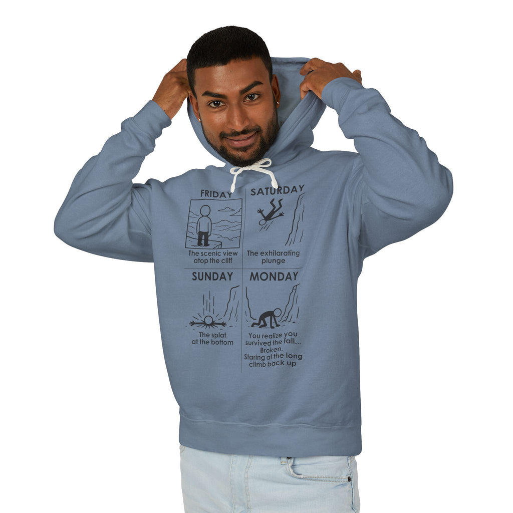 Weekend Cliff Comic Hoodie – Dark Humor Friday to Monday Survival Sweatshirt