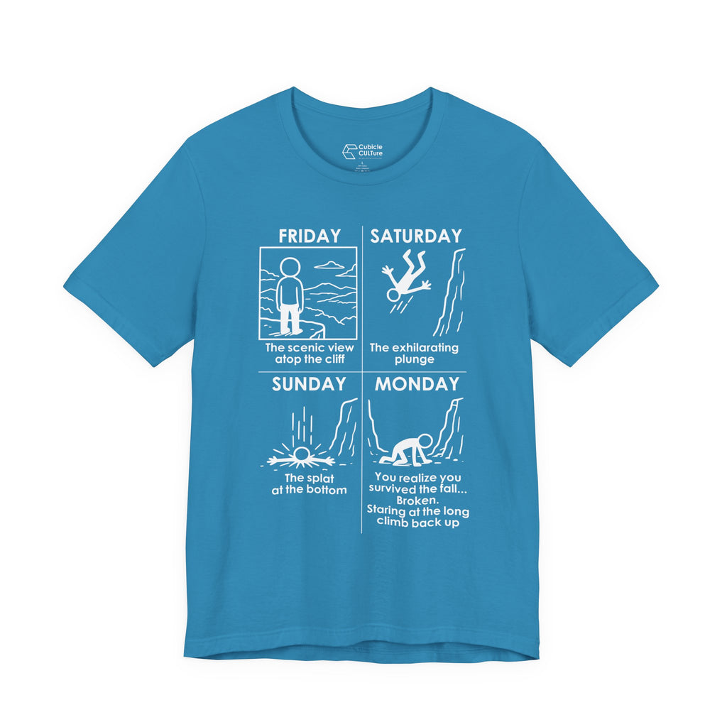 Weekend Cliff Comic T-Shirt – Dark Humor Friday to Monday Survival Graphic Tee