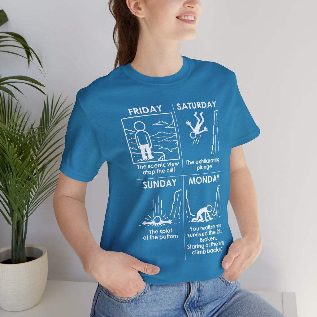 Weekend Cliff Comic T-Shirt – Dark Humor Friday to Monday Survival Graphic Tee