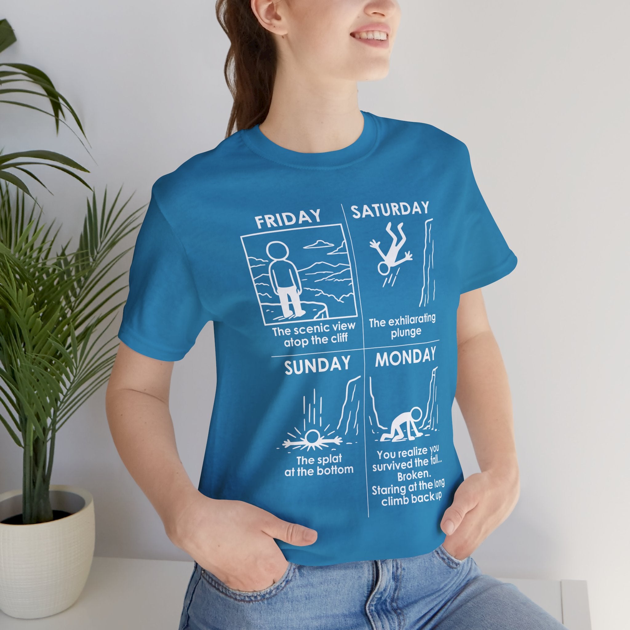 Weekend Cliff Comic T-Shirt – Dark Humor Friday to Monday Survival Graphic Tee