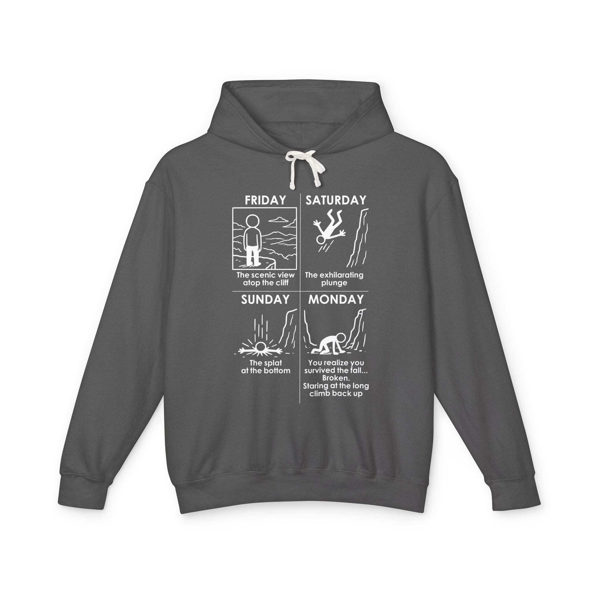 Weekend Cliff Comic Hoodie – Dark Humor Friday to Monday Survival Sweatshirt