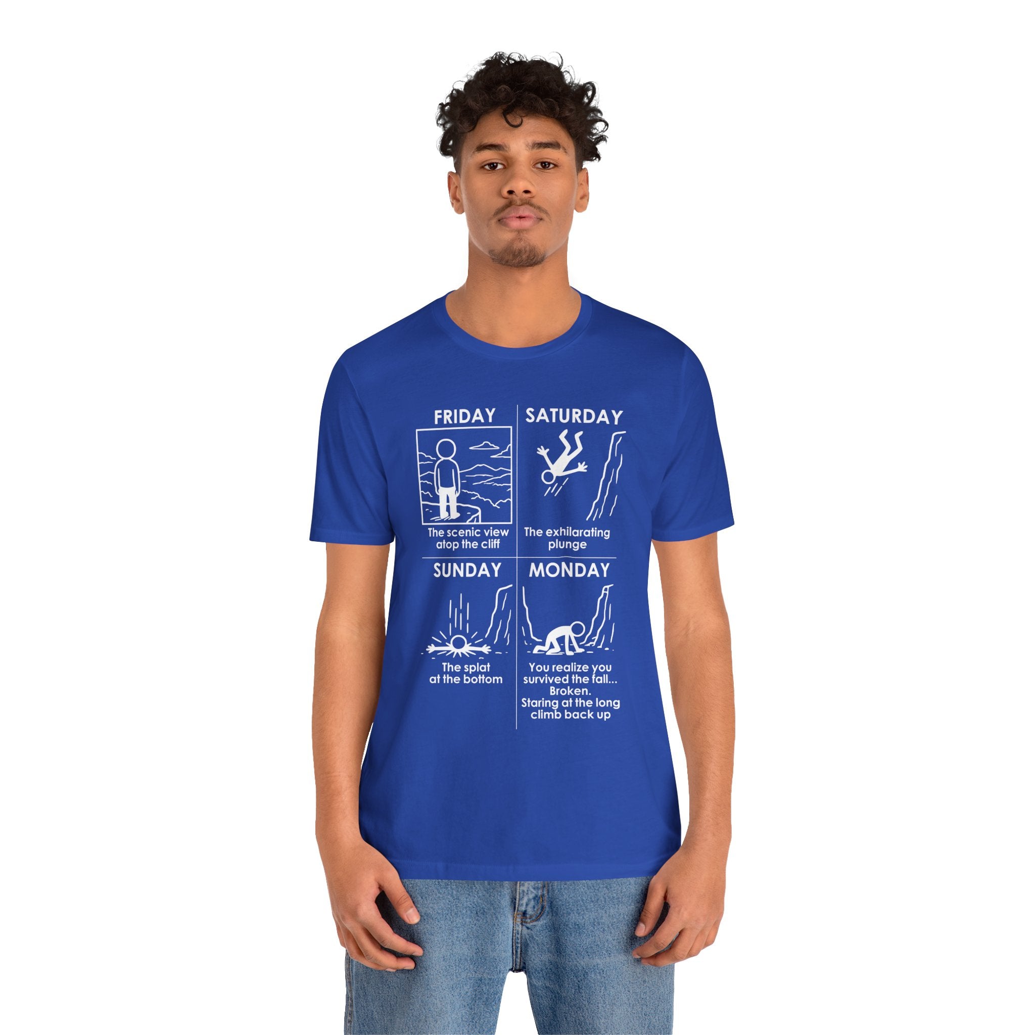 Weekend Cliff Comic T-Shirt – Dark Humor Friday to Monday Survival Graphic Tee