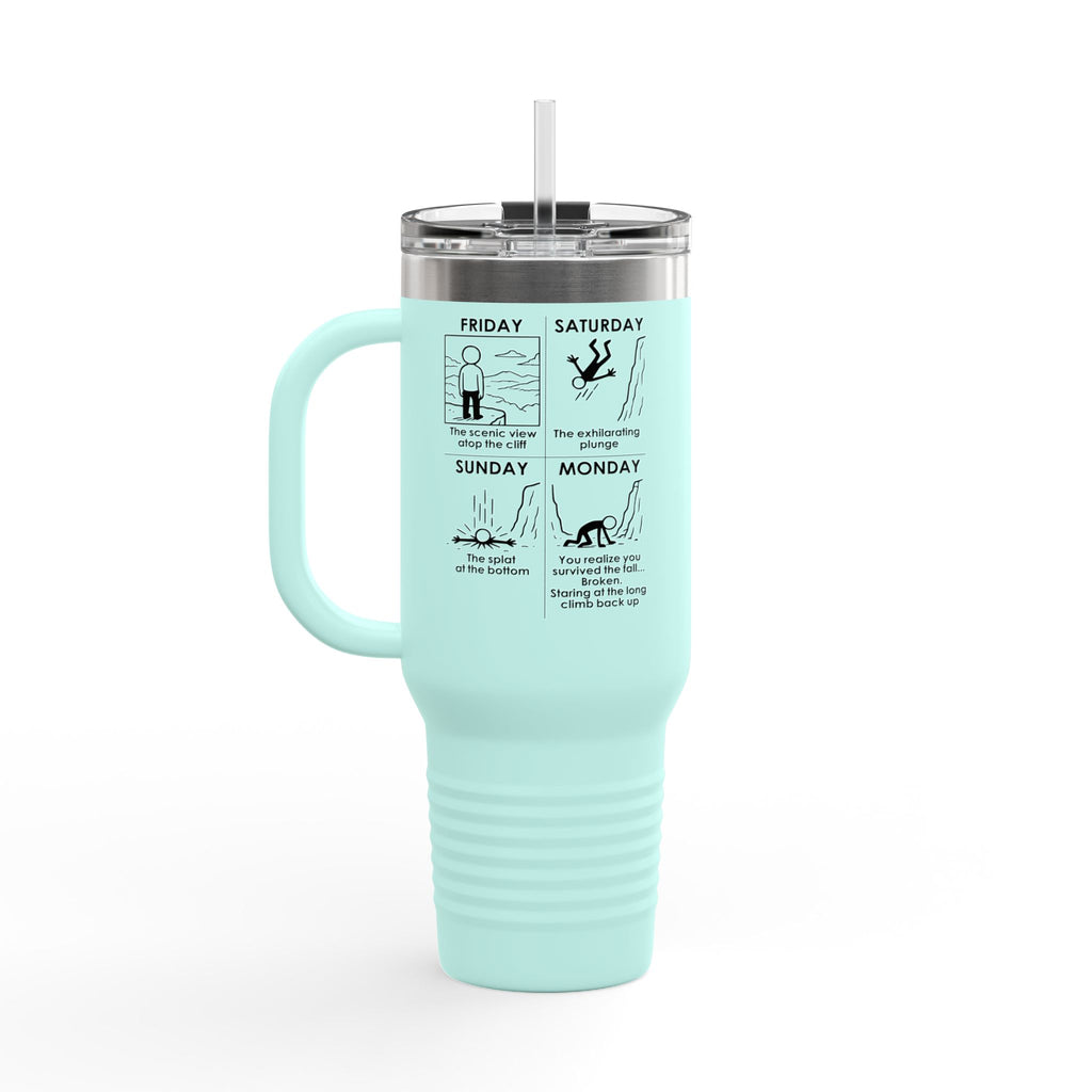 Weekend Cliff Comic Travel Mug – Dark Humor Friday to Monday Survival Tumbler