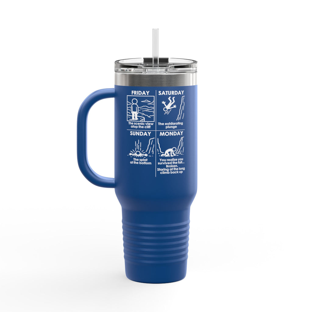 Weekend Cliff Comic Travel Mug – Dark Humor Friday to Monday Survival Tumbler