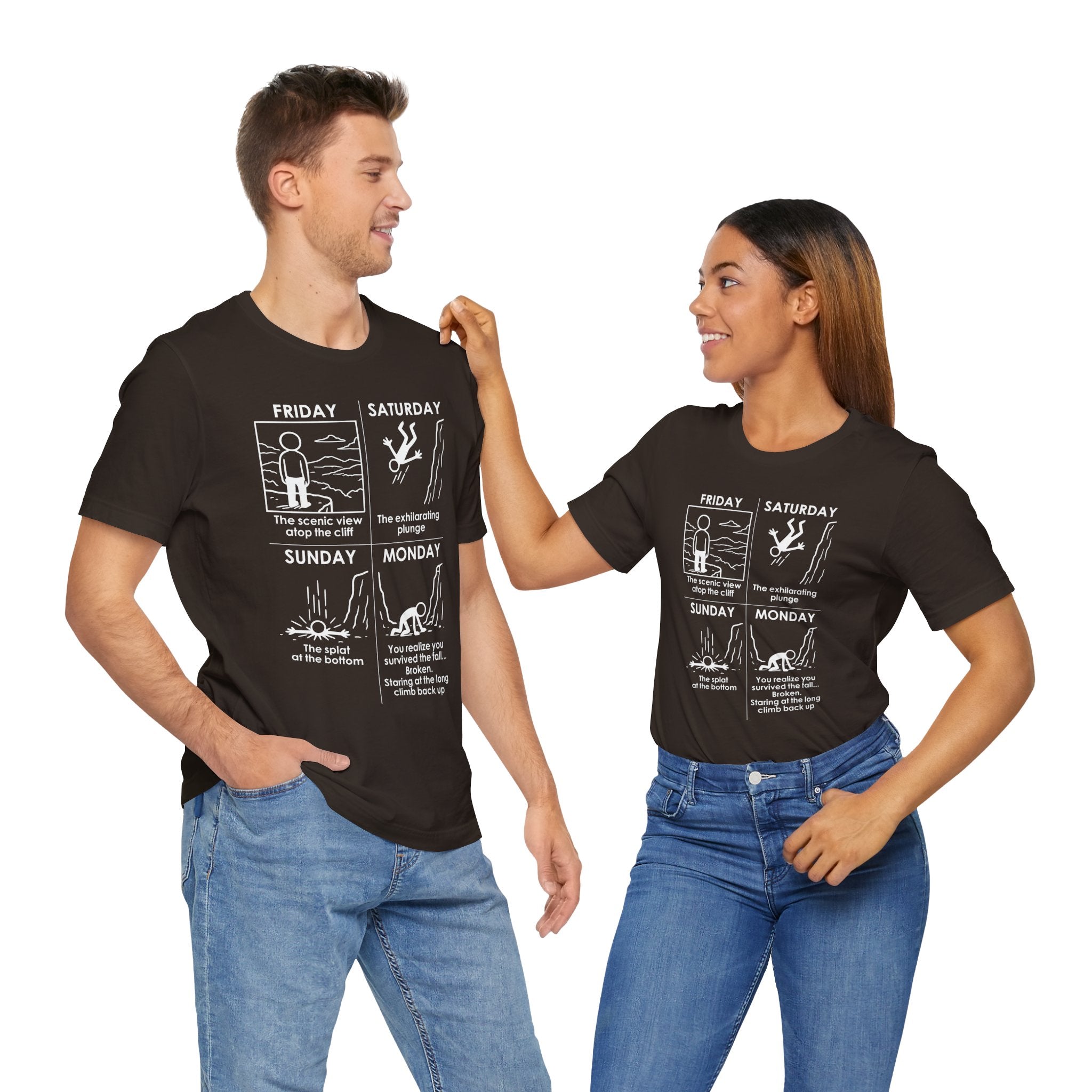 Weekend Cliff Comic T-Shirt – Cliffverse Dark Humor Friday to Monday Survival Graphic Tee