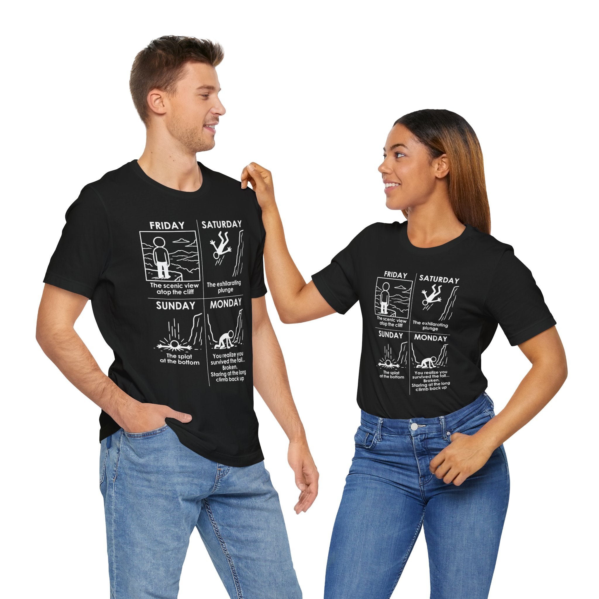 Weekend Cliff Comic T-Shirt – Cliffverse Dark Humor Friday to Monday Survival Graphic Tee