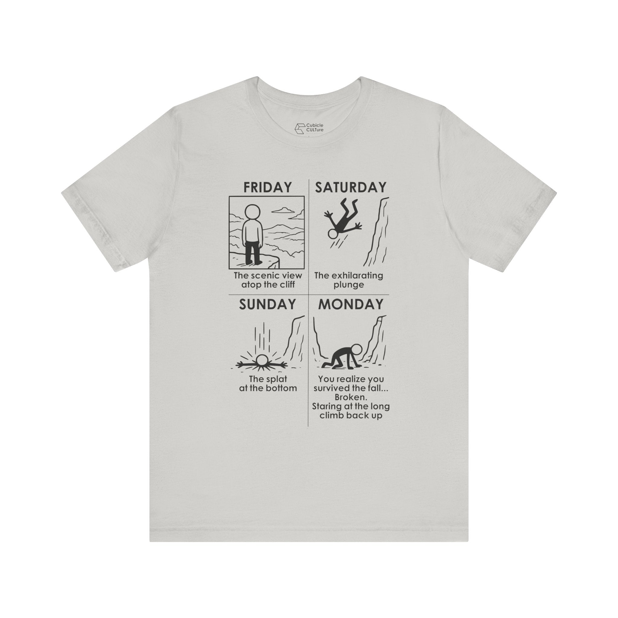 Weekend Cliff Comic T-Shirt – Dark Humor Friday to Monday Survival Graphic Tee