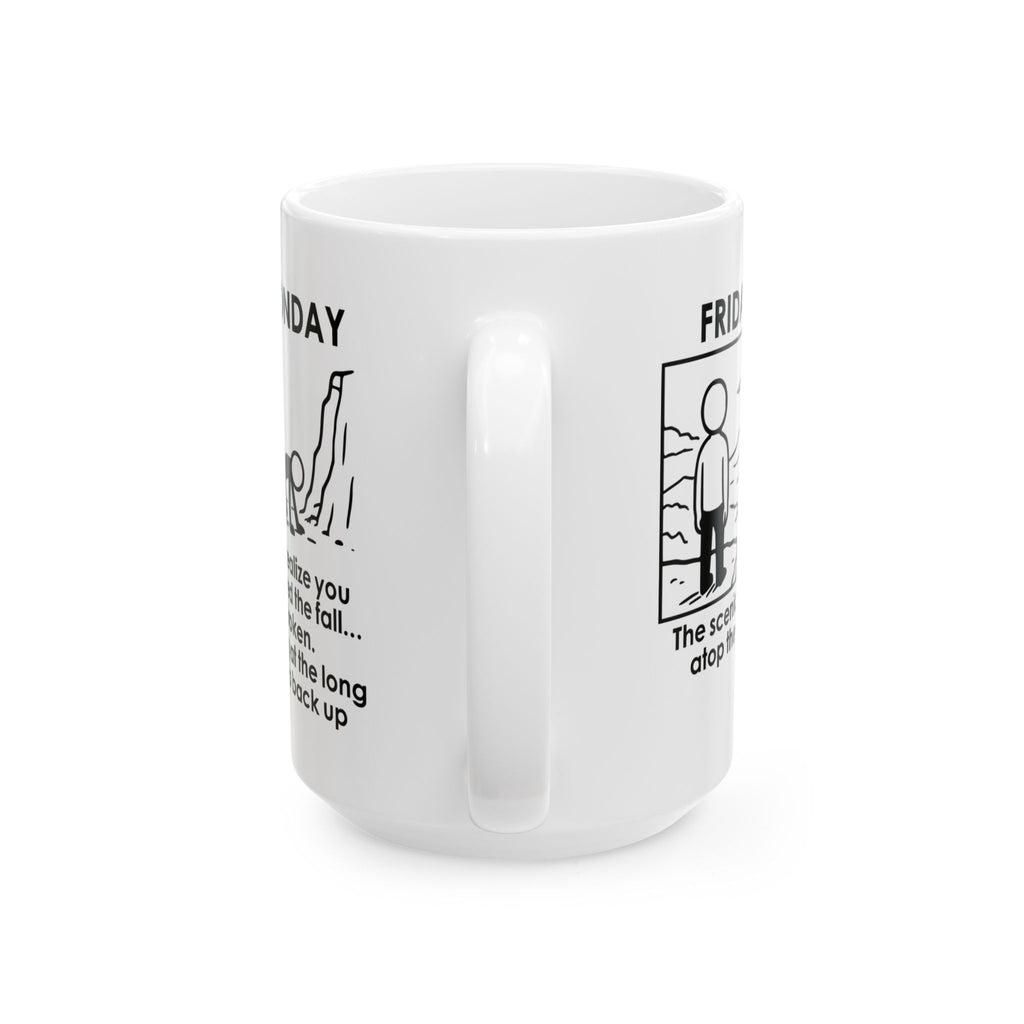Weekend Cliff Comic Coffee Mug – Dark Humor Friday to Monday Survival Cup