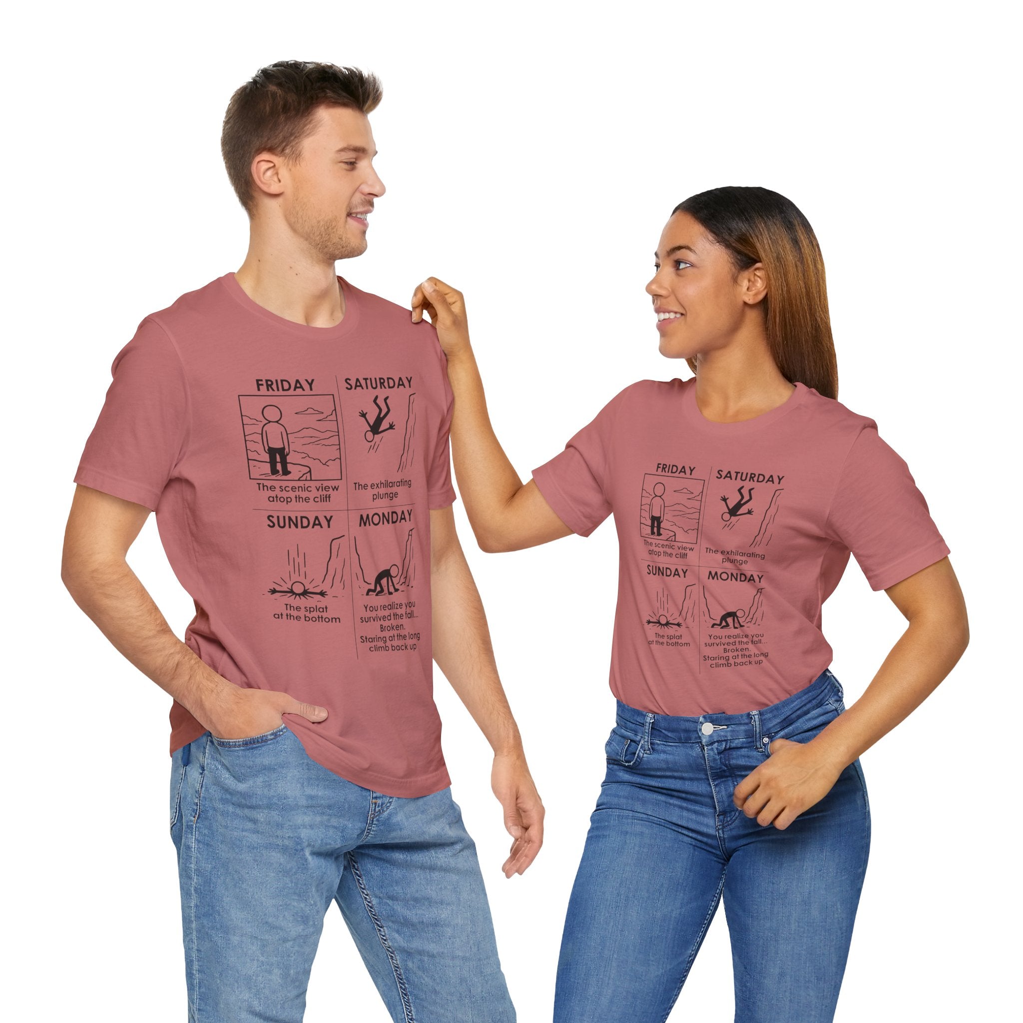 Weekend Cliff Comic T-Shirt – Dark Humor Friday to Monday Survival Graphic Tee