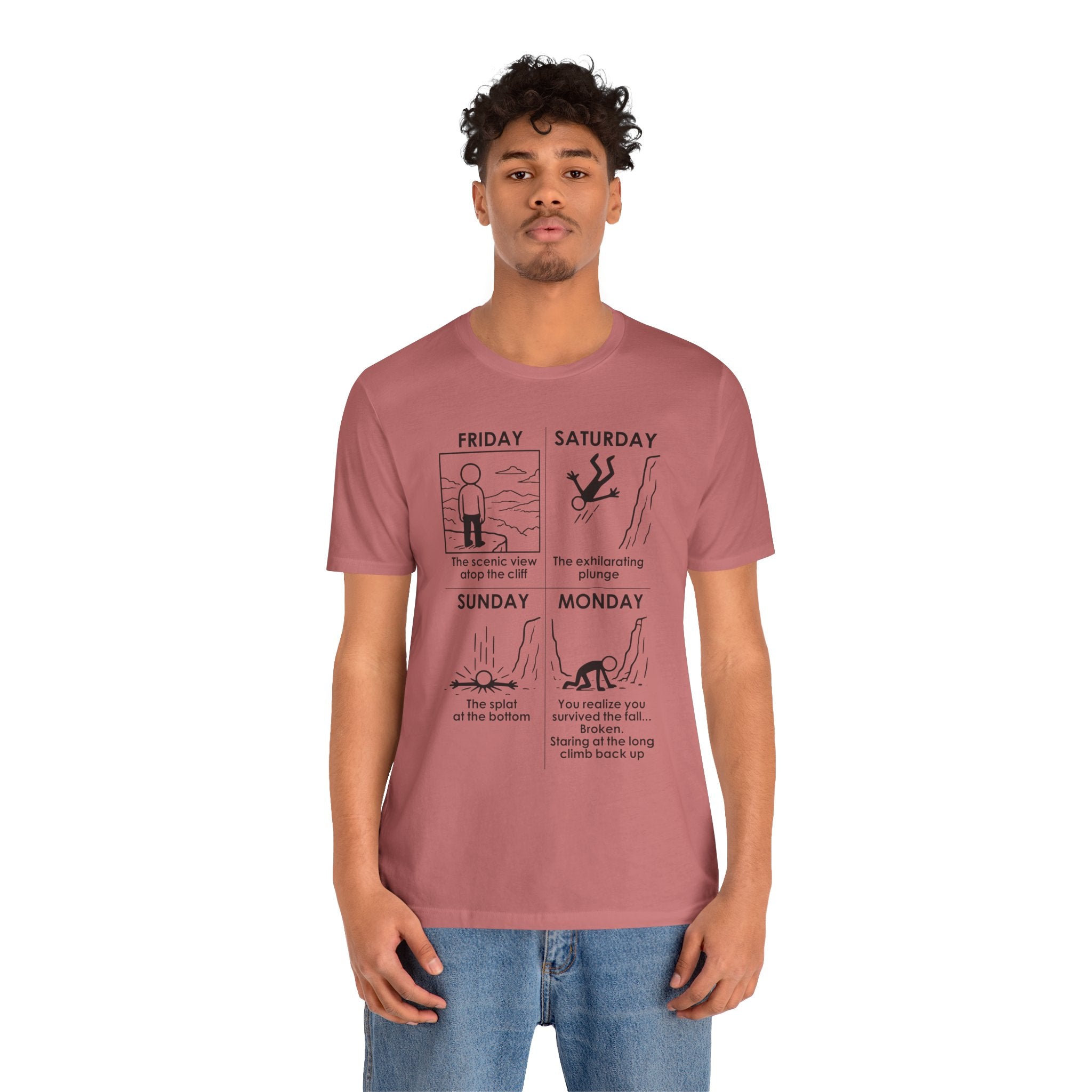 Weekend Cliff Comic T-Shirt – Dark Humor Friday to Monday Survival Graphic Tee