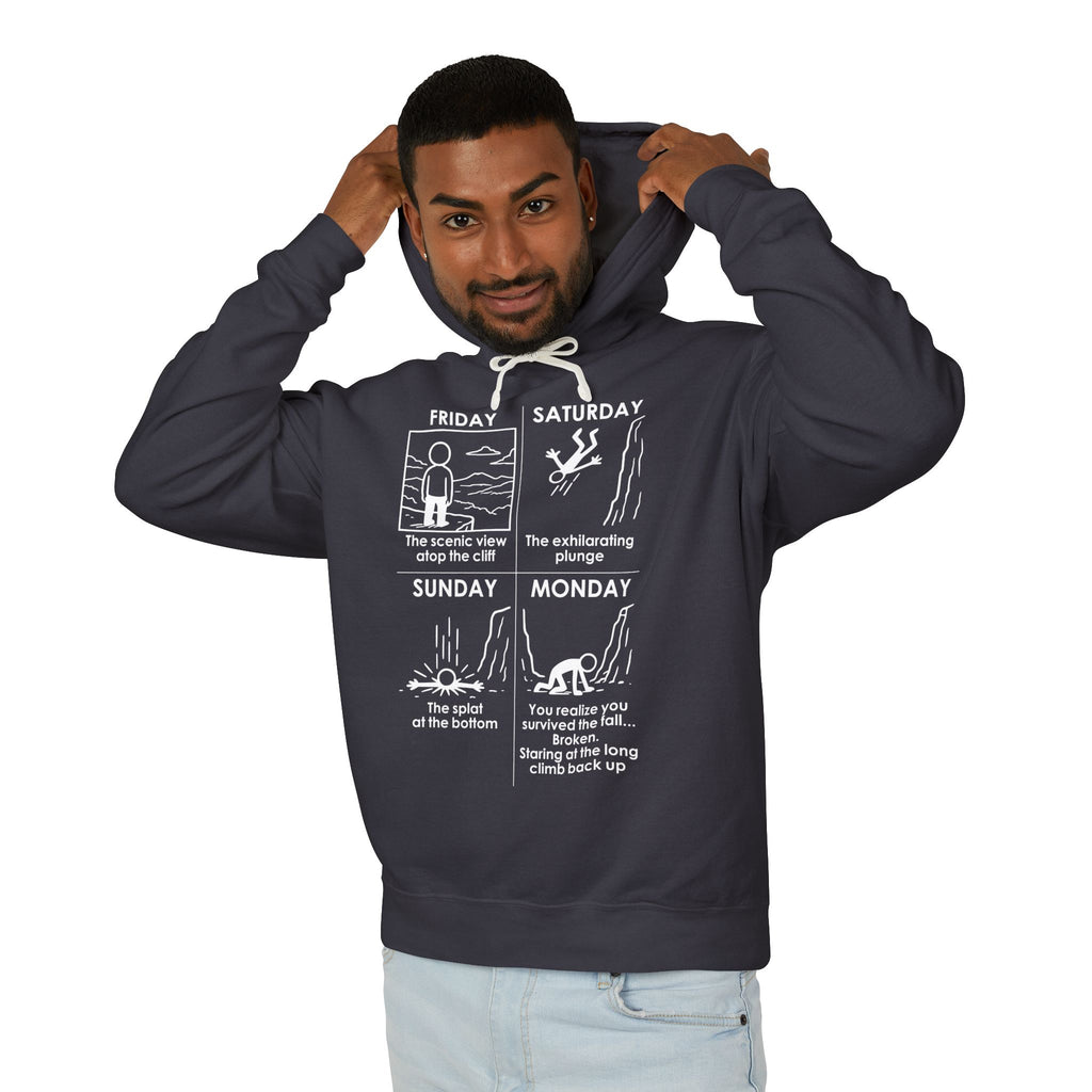 Weekend Cliff Comic Hoodie – Dark Humor Friday to Monday Survival Sweatshirt