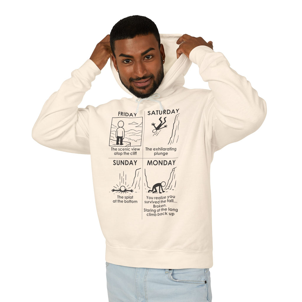Weekend Cliff Comic Hoodie – Dark Humor Friday to Monday Survival Sweatshirt