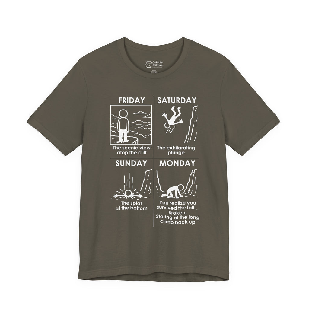 Weekend Cliff Comic T-Shirt – Dark Humor Friday to Monday Survival Graphic Tee