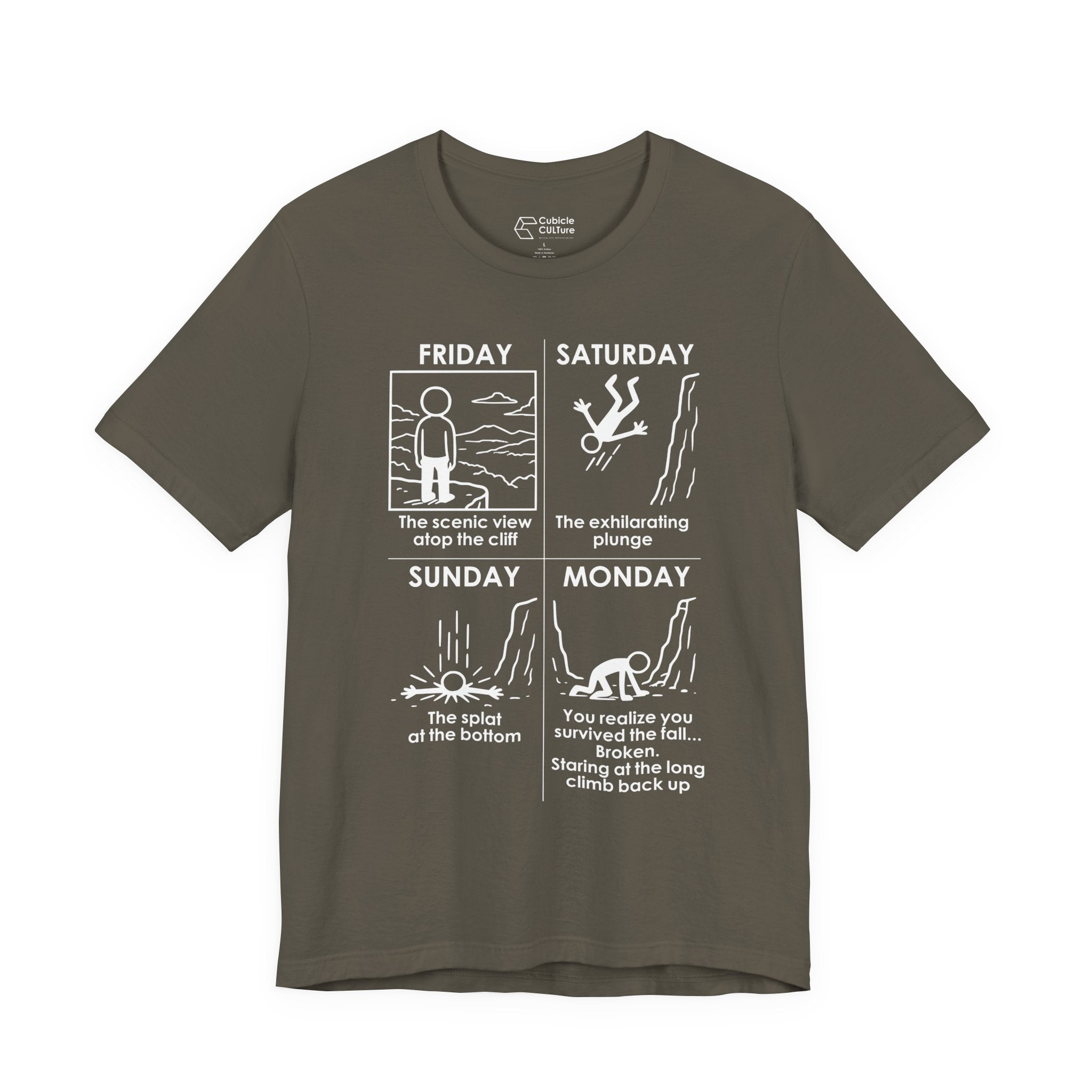 Weekend Cliff Comic T-Shirt – Dark Humor Friday to Monday Survival Graphic Tee