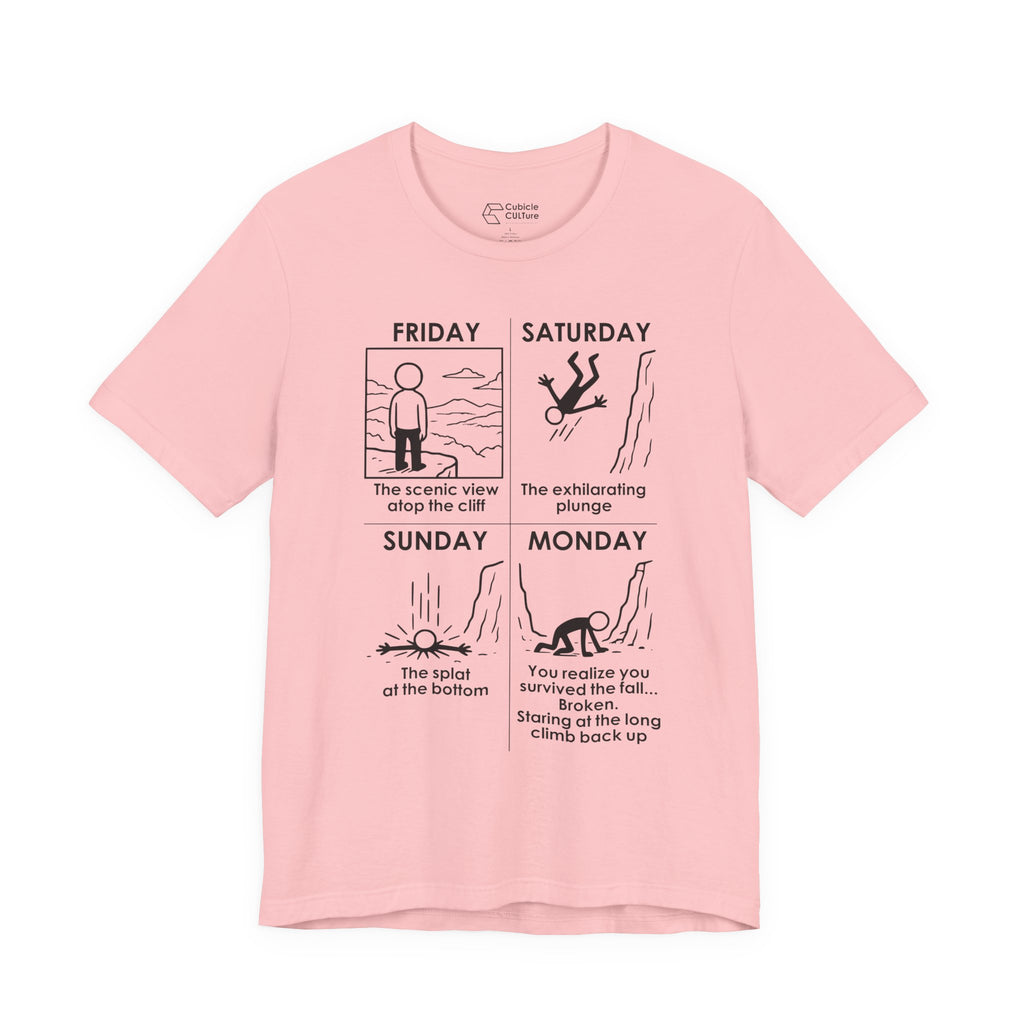 Weekend Cliff Comic T-Shirt – Dark Humor Friday to Monday Survival Graphic Tee