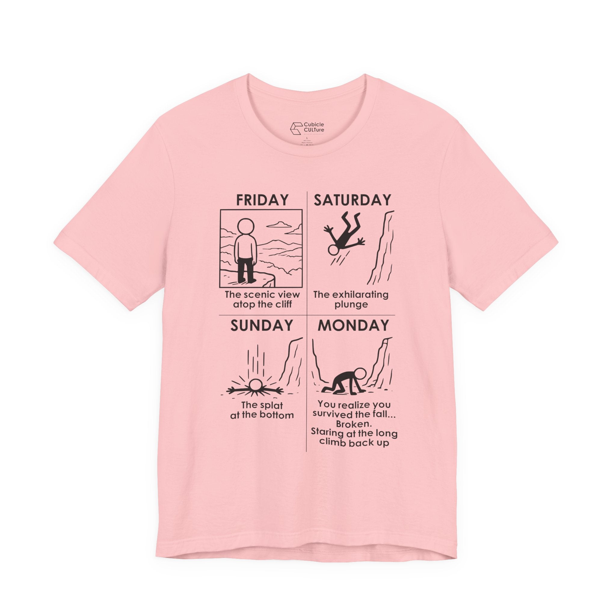 Weekend Cliff Comic T-Shirt – Dark Humor Friday to Monday Survival Graphic Tee