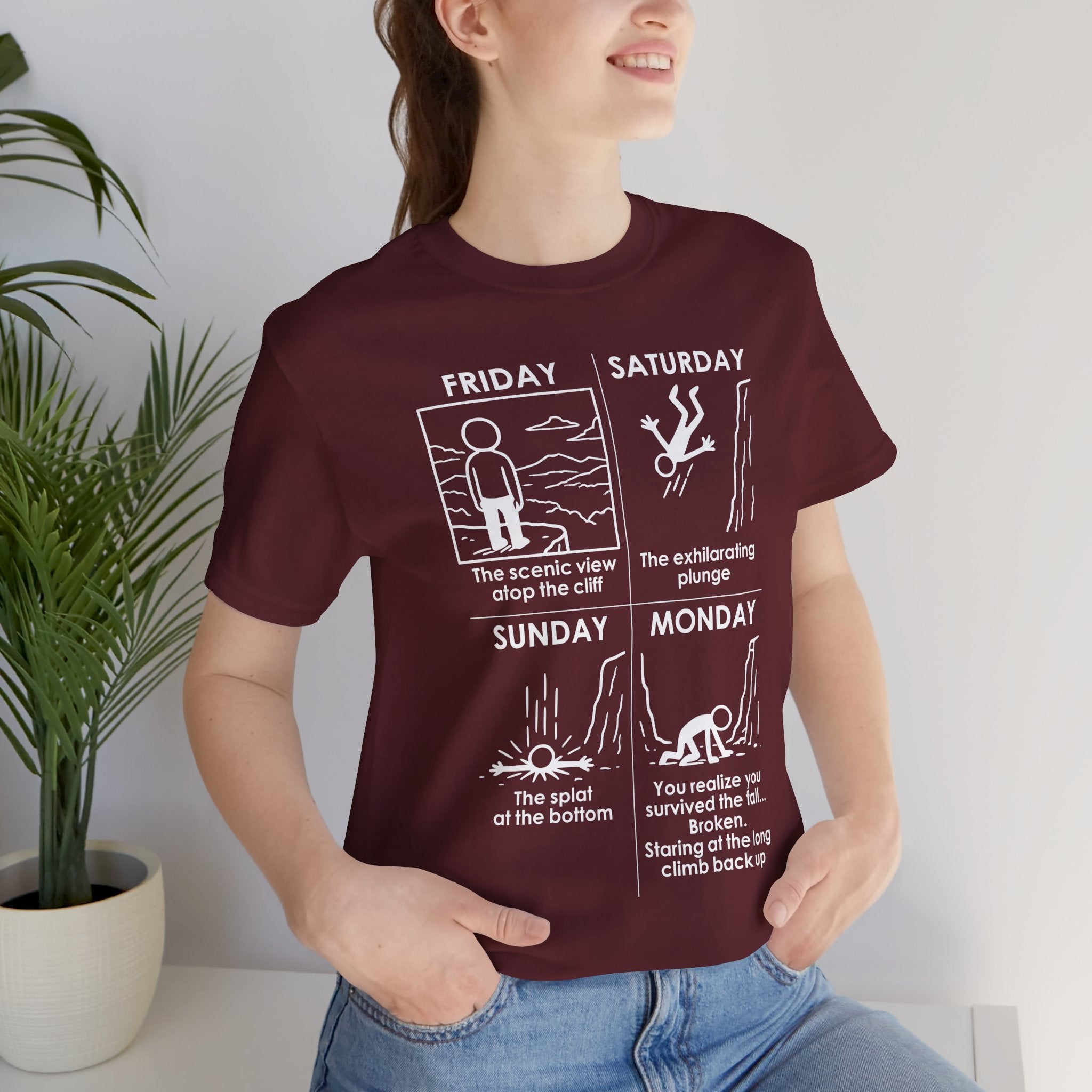 Weekend Cliff Comic T-Shirt – Dark Humor Friday to Monday Survival Graphic Tee