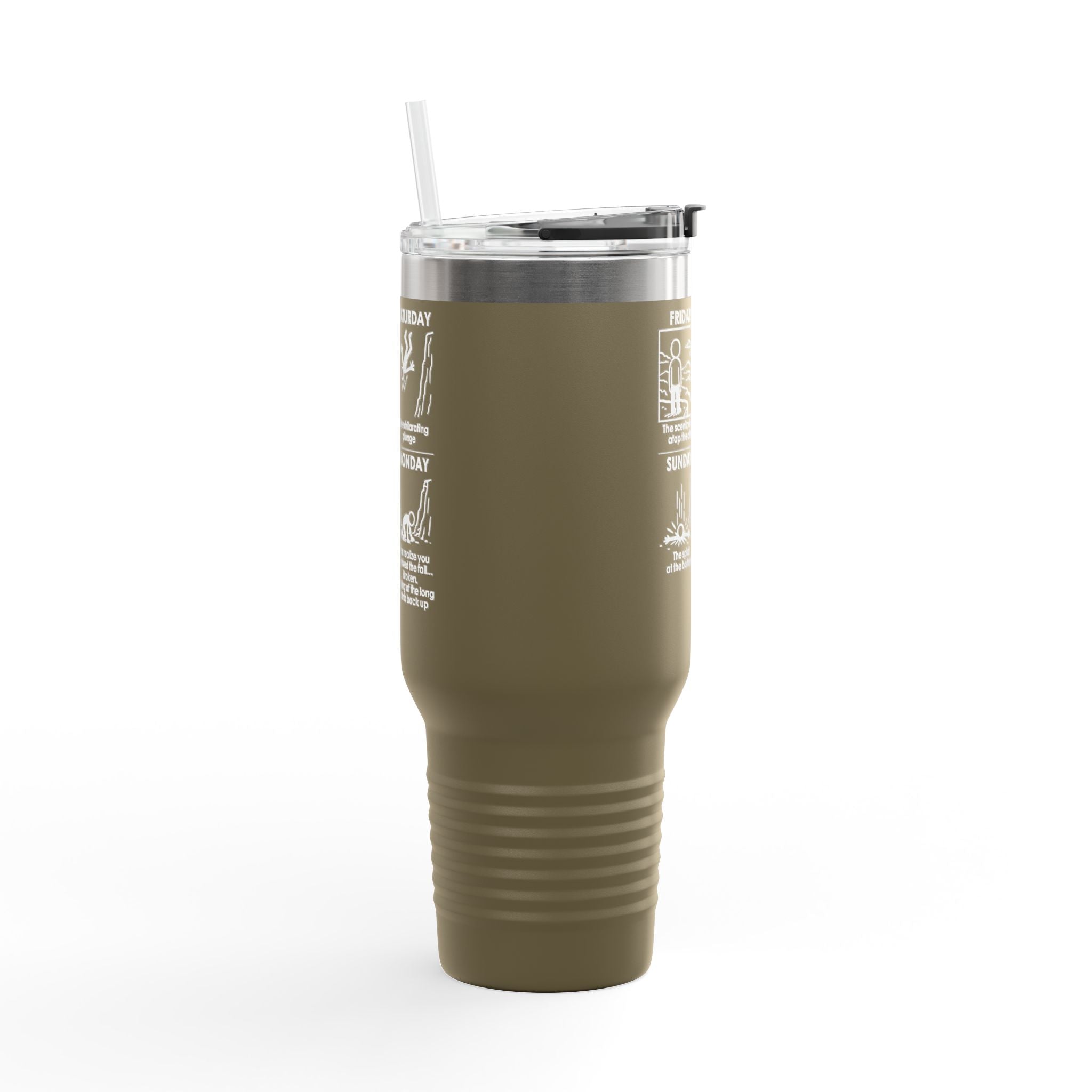 Weekend Cliff Comic Travel Mug – Dark Humor Friday to Monday Survival Tumbler