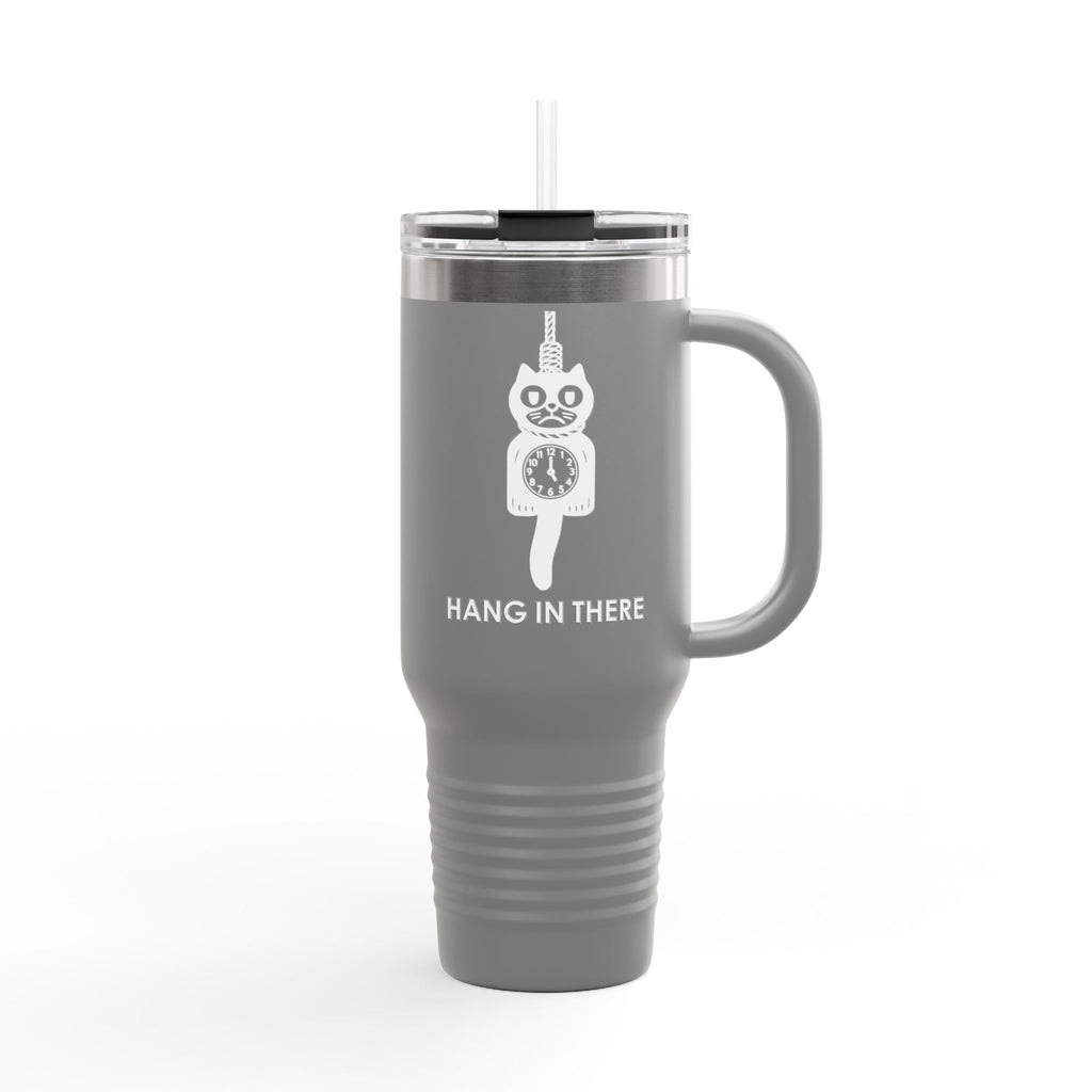 Hang In There Travel Mug – Dark Humor Cat Clock Parody Tumbler
