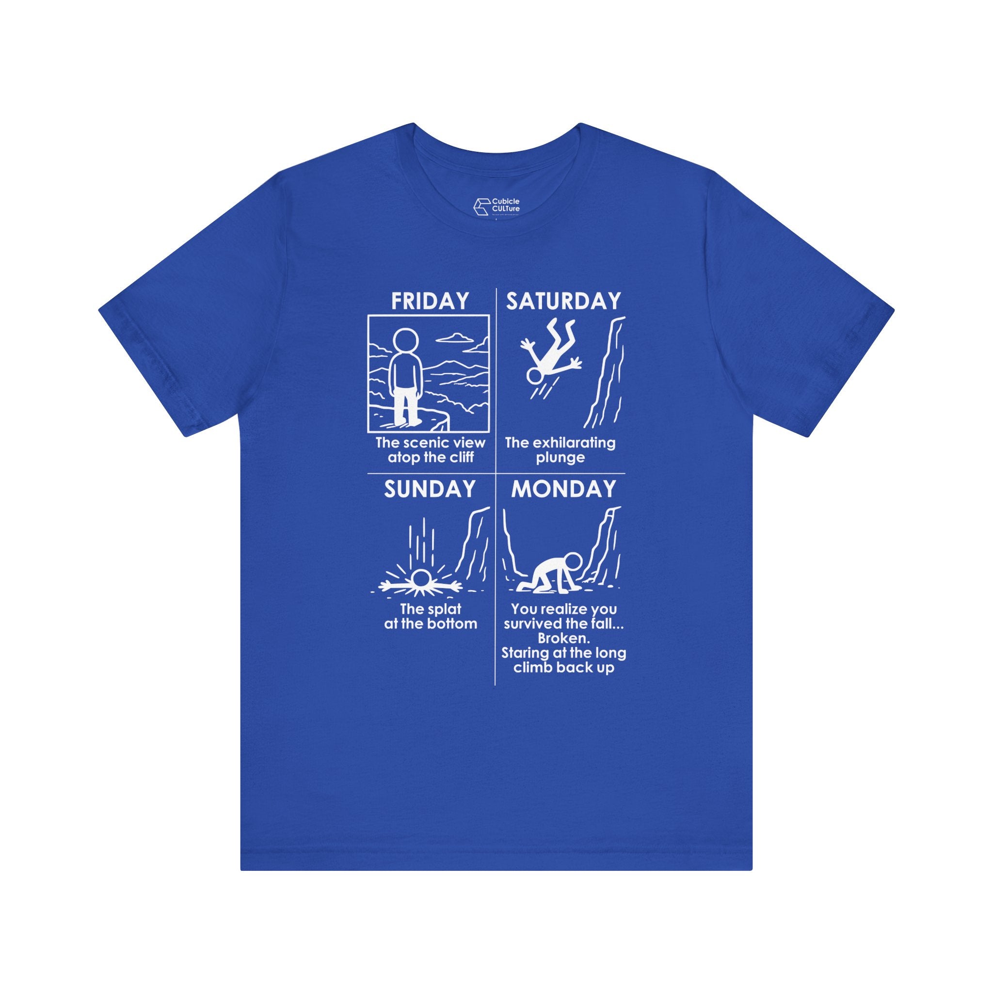 Weekend Cliff Comic T-Shirt – Dark Humor Friday to Monday Survival Graphic Tee