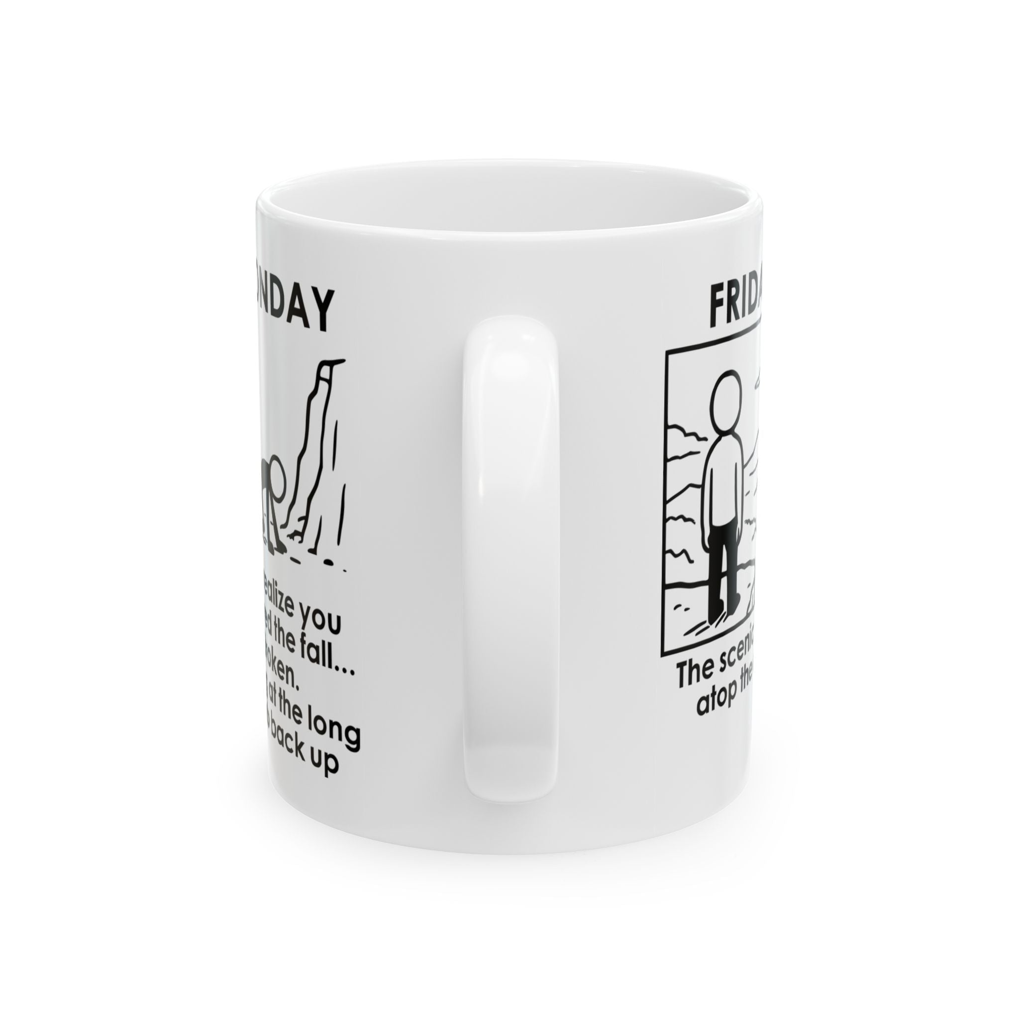 Weekend Cliff Comic Coffee Mug – Dark Humor Friday to Monday Survival Cup