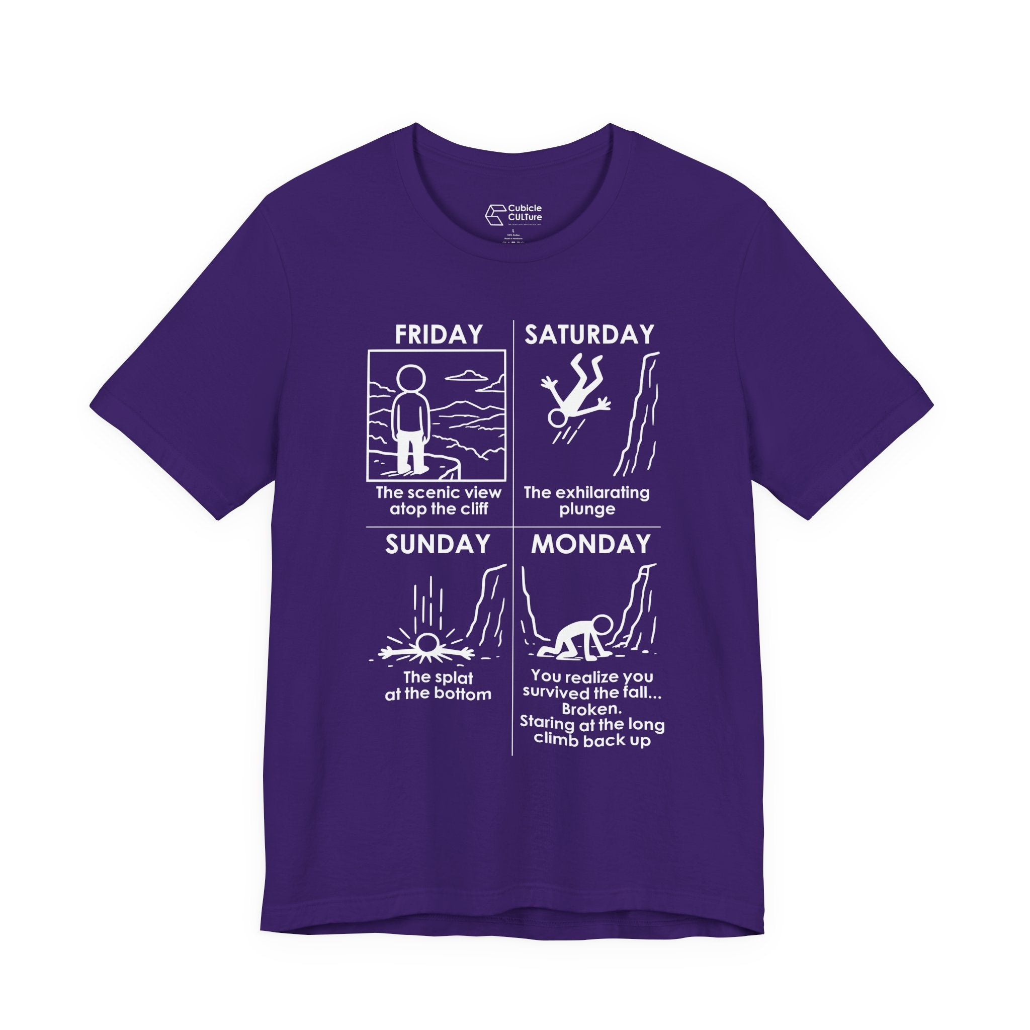 Weekend Cliff Comic T-Shirt – Dark Humor Friday to Monday Survival Graphic Tee