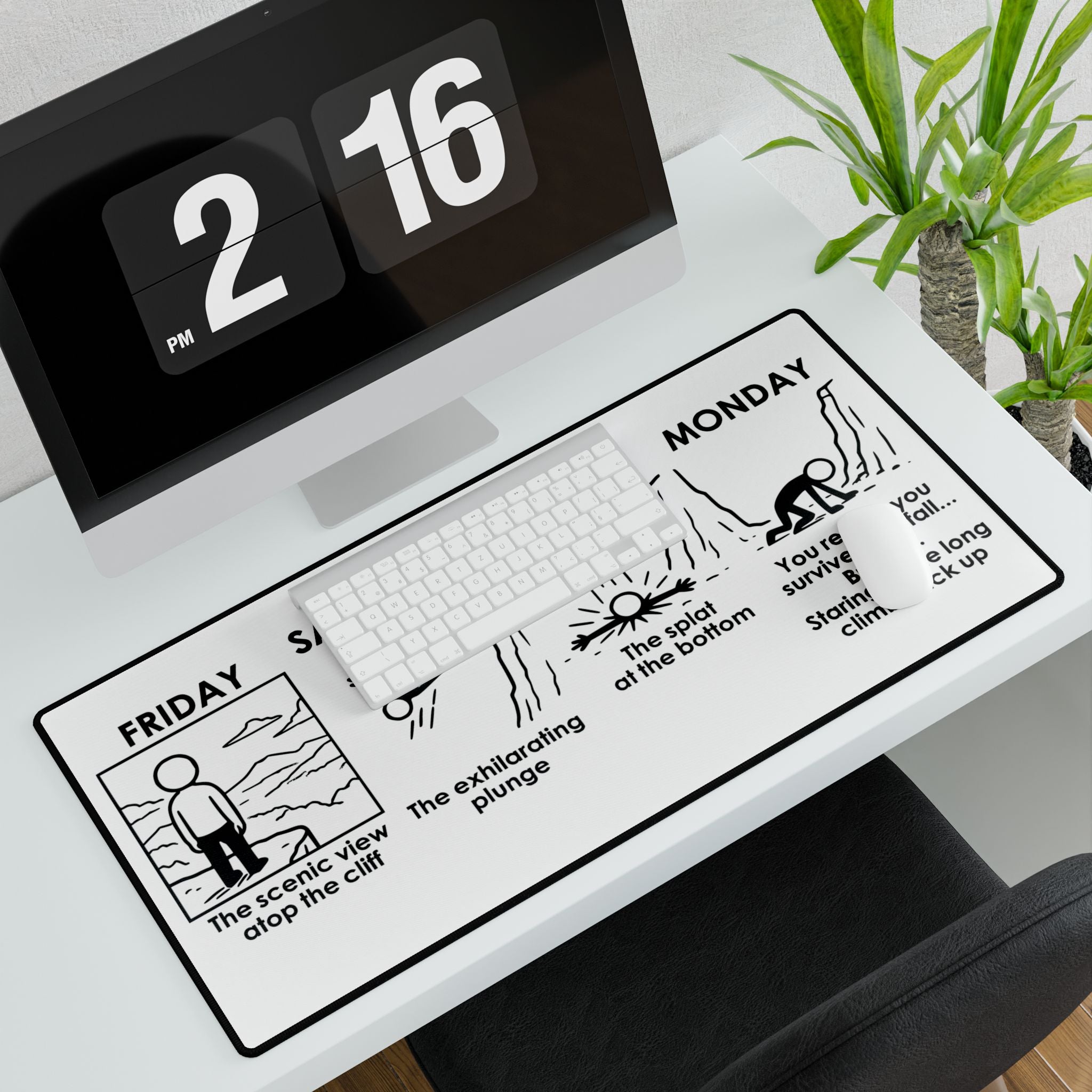 Weekend Cliff Comic Desk Mat – Dark Humor Friday to Monday Survival Office Accessory