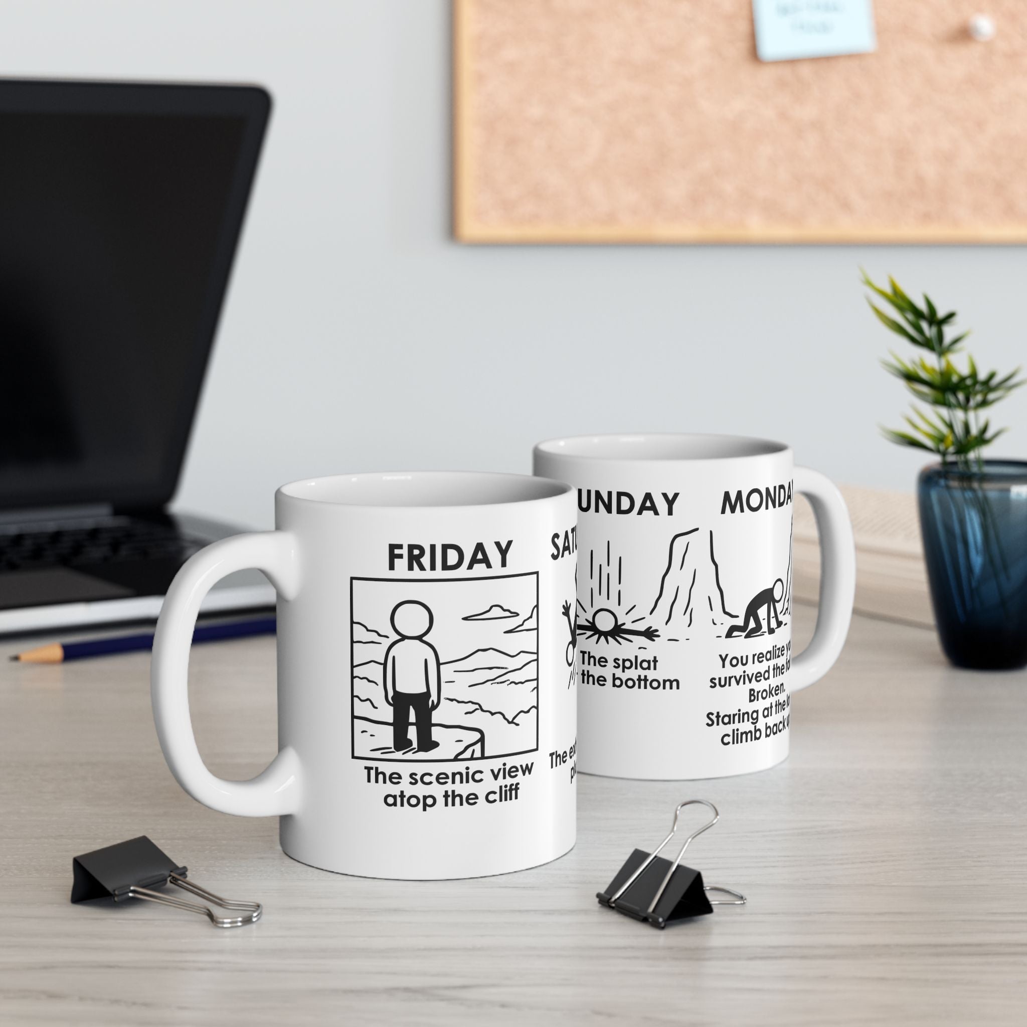 Weekend Cliff Comic Coffee Mug – Dark Humor Friday to Monday Survival Cup