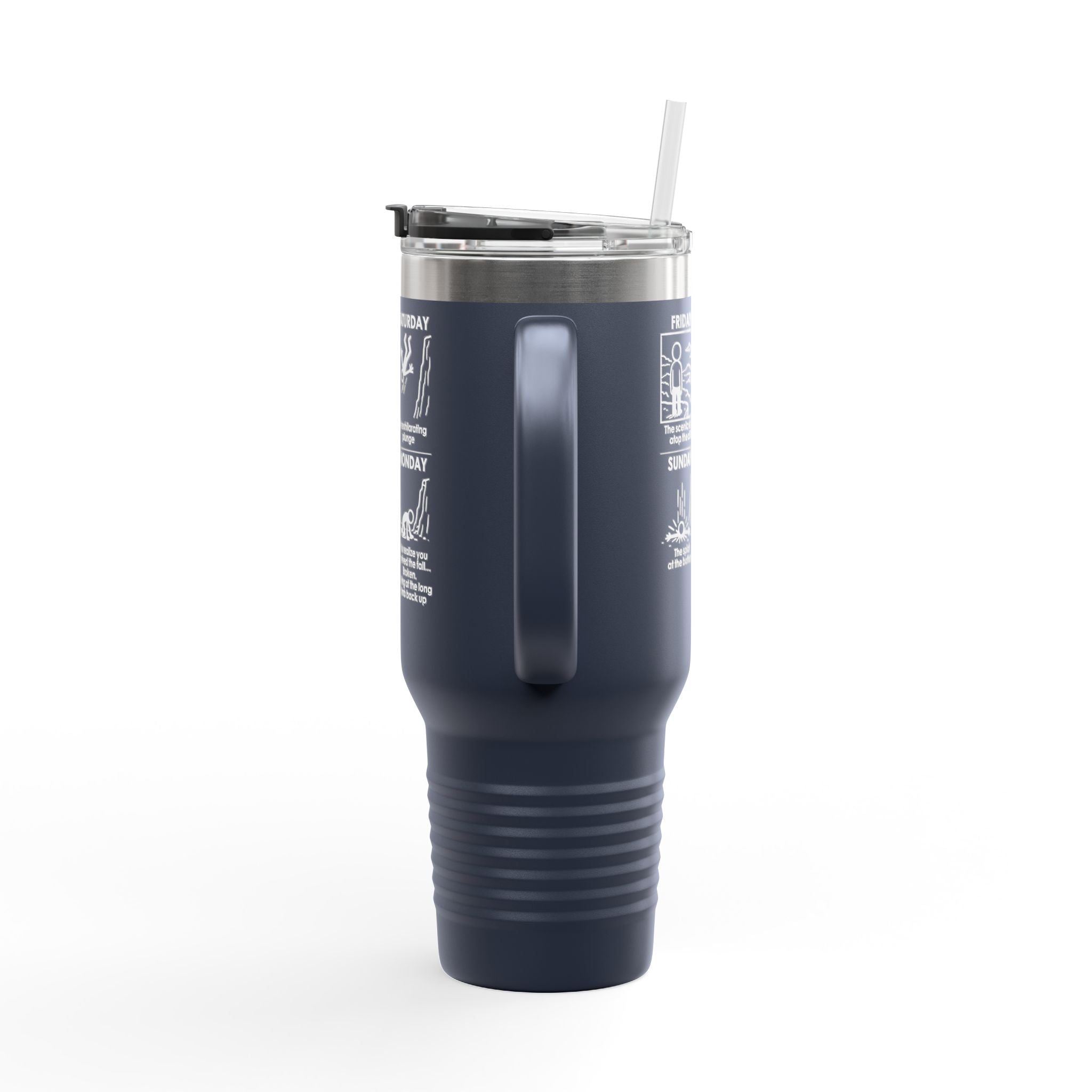 Weekend Cliff Comic Travel Mug – Dark Humor Friday to Monday Survival Tumbler