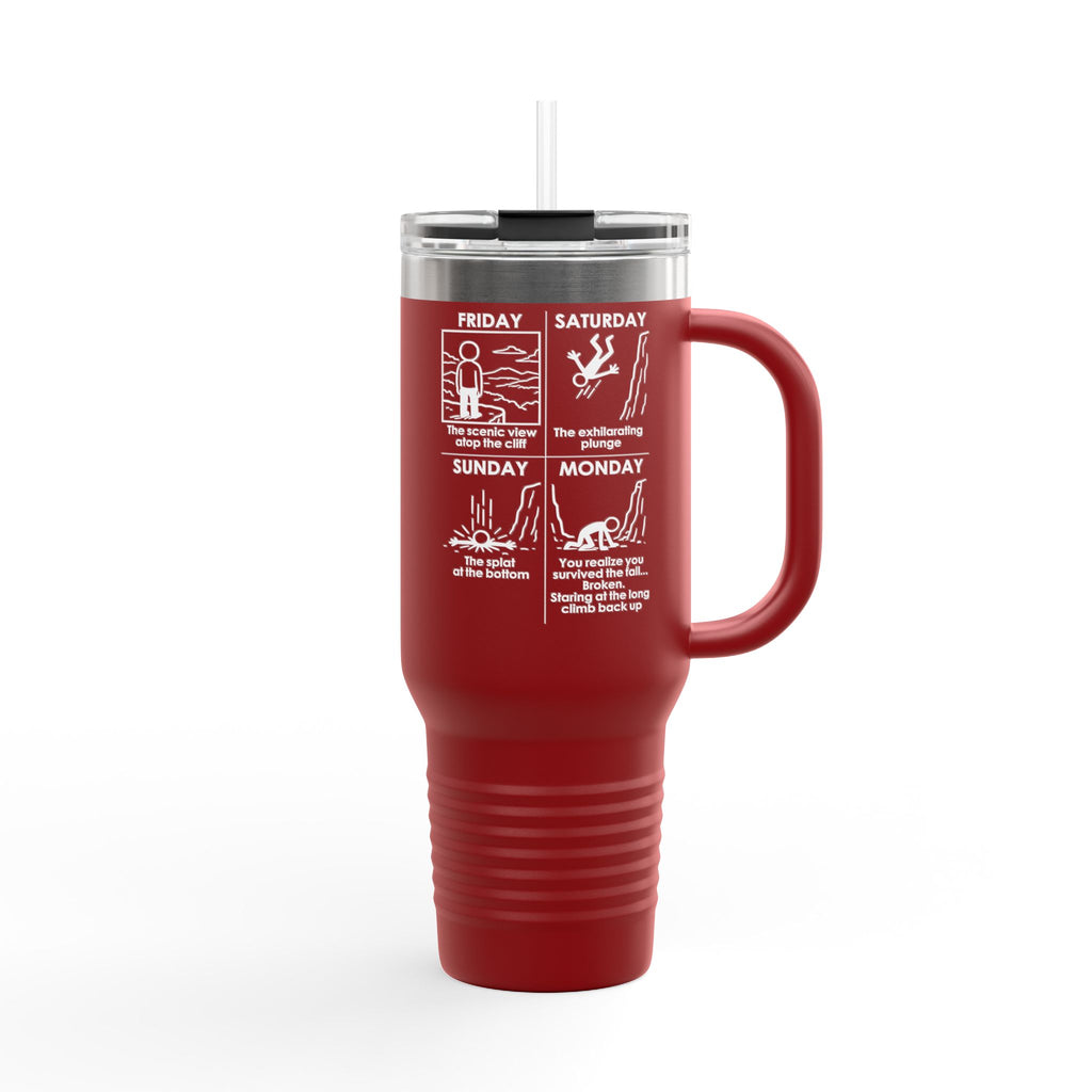 Weekend Cliff Comic Travel Mug – Dark Humor Friday to Monday Survival Tumbler