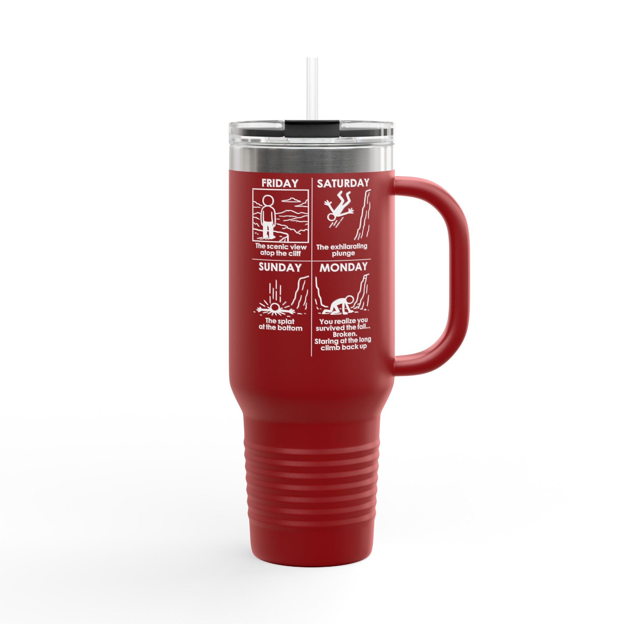 Weekend Cliff Comic Travel Mug – Dark Humor Friday to Monday Survival Tumbler
