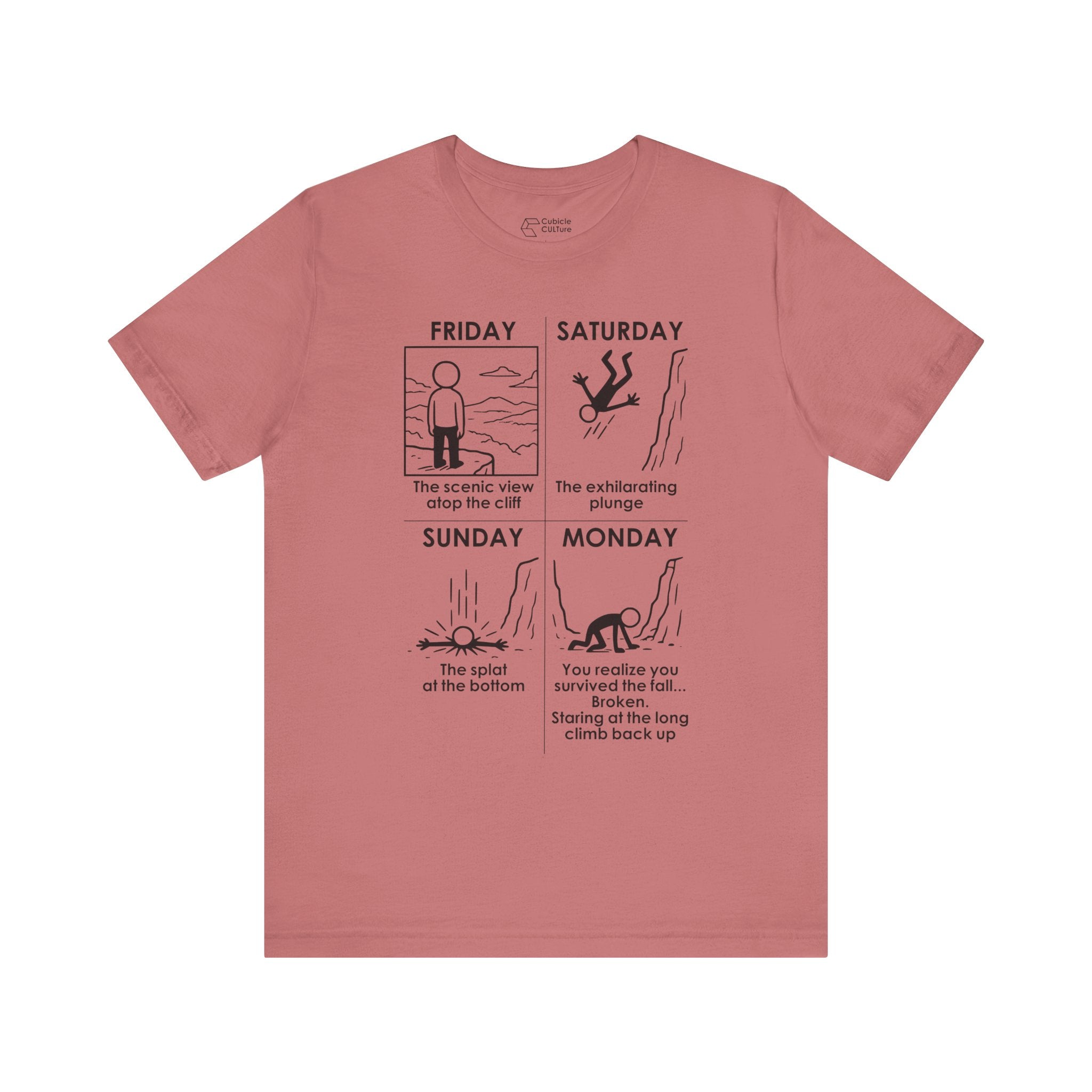 Weekend Cliff Comic T-Shirt – Dark Humor Friday to Monday Survival Graphic Tee