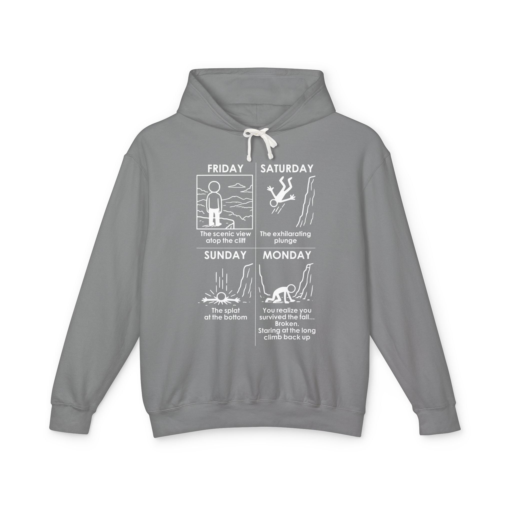 Weekend Cliff Comic Hoodie – Dark Humor Friday to Monday Survival Sweatshirt