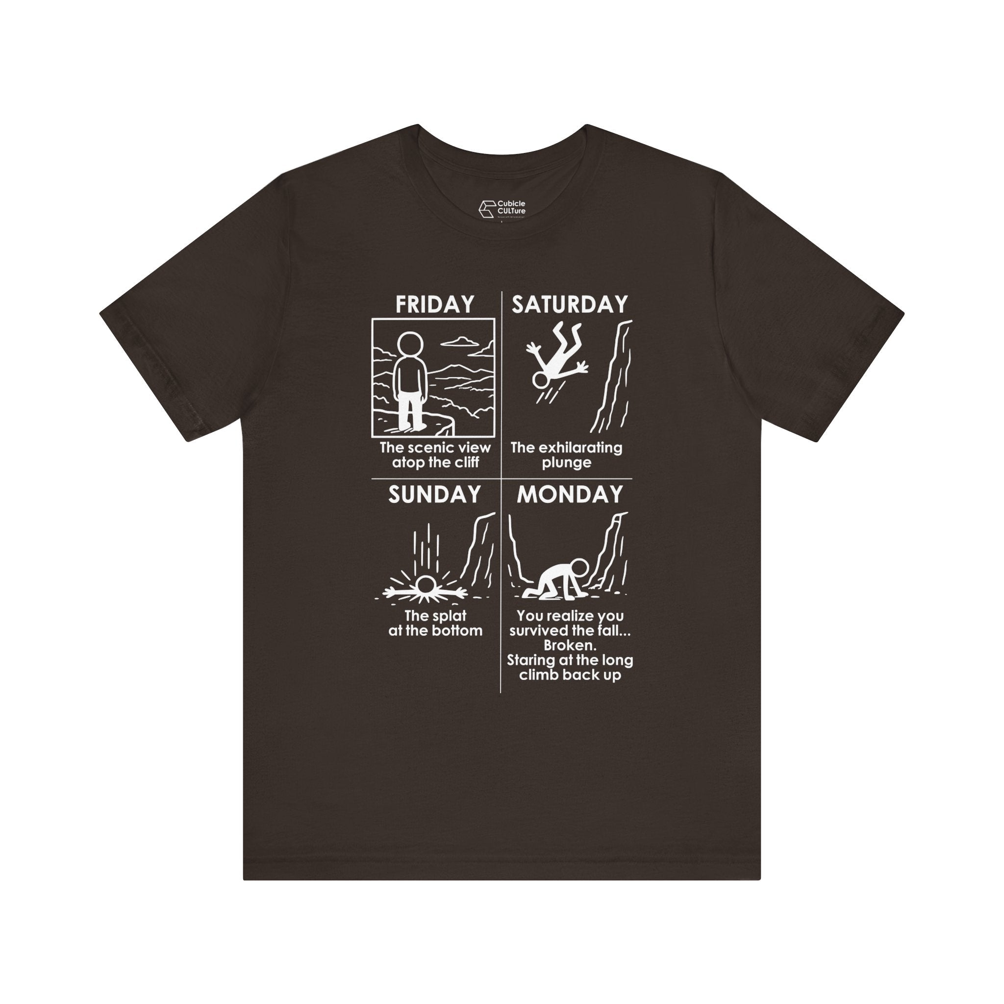 Weekend Cliff Comic T-Shirt – Dark Humor Friday to Monday Survival Graphic Tee