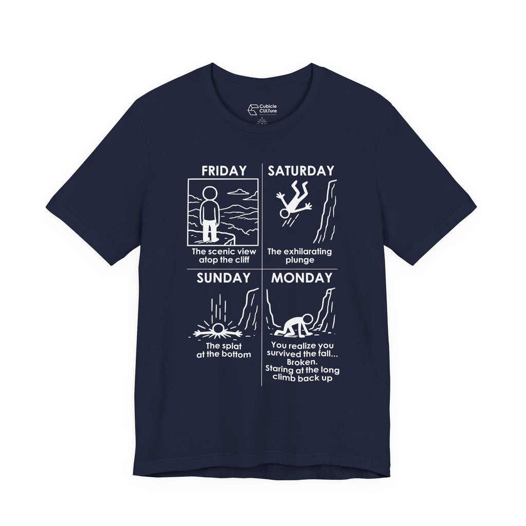 Weekend Cliff Comic T-Shirt – Dark Humor Friday to Monday Survival Graphic Tee