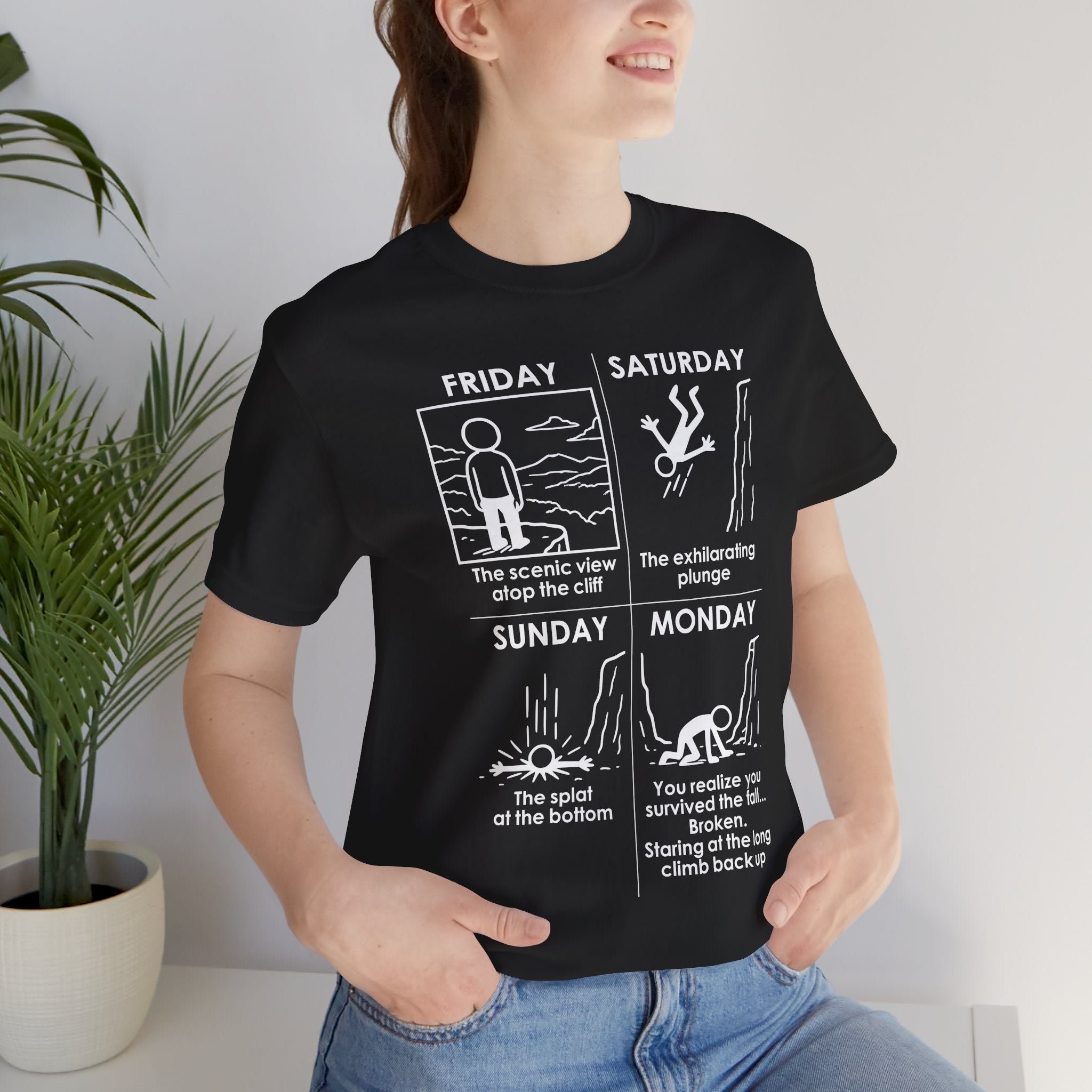 Weekend Cliff Comic T-Shirt – Cliffverse Dark Humor Friday to Monday Survival Graphic Tee