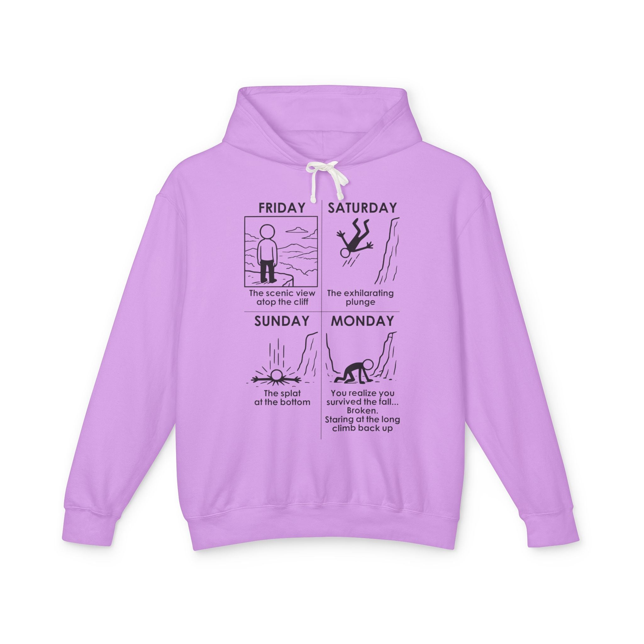Weekend Cliff Comic Hoodie – Dark Humor Friday to Monday Survival Sweatshirt