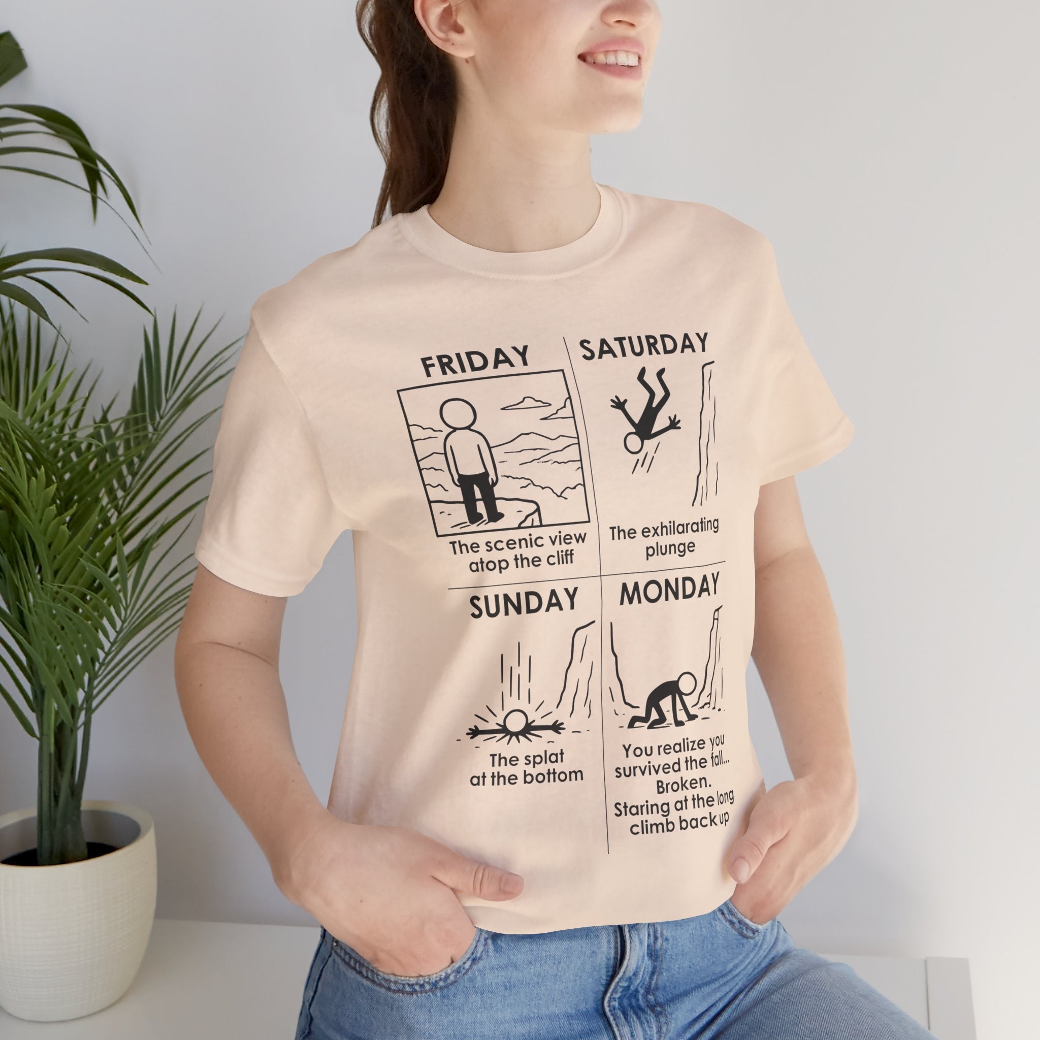 Weekend Cliff Comic T-Shirt – Dark Humor Friday to Monday Survival Graphic Tee