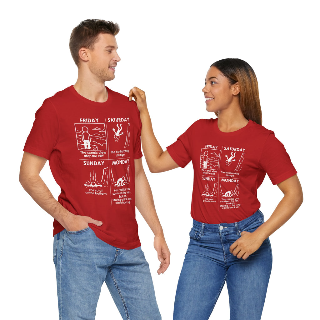 Weekend Cliff Comic T-Shirt – Dark Humor Friday to Monday Survival Graphic Tee
