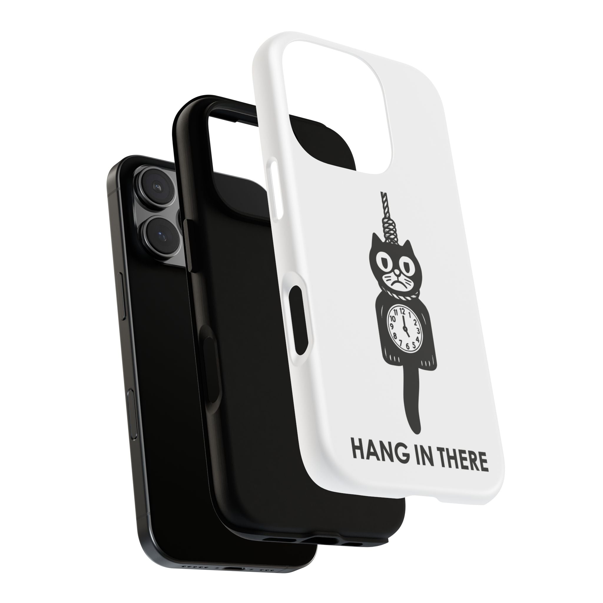 Hang In There Phone Case – Dark Humor Cat Clock Parody Mobile Cover