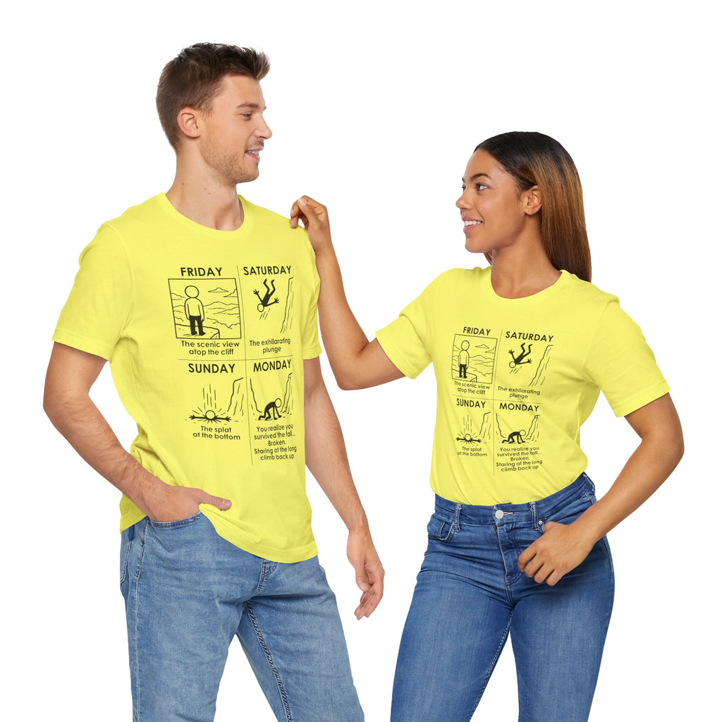 Weekend Cliff Comic T-Shirt – Dark Humor Friday to Monday Survival Graphic Tee