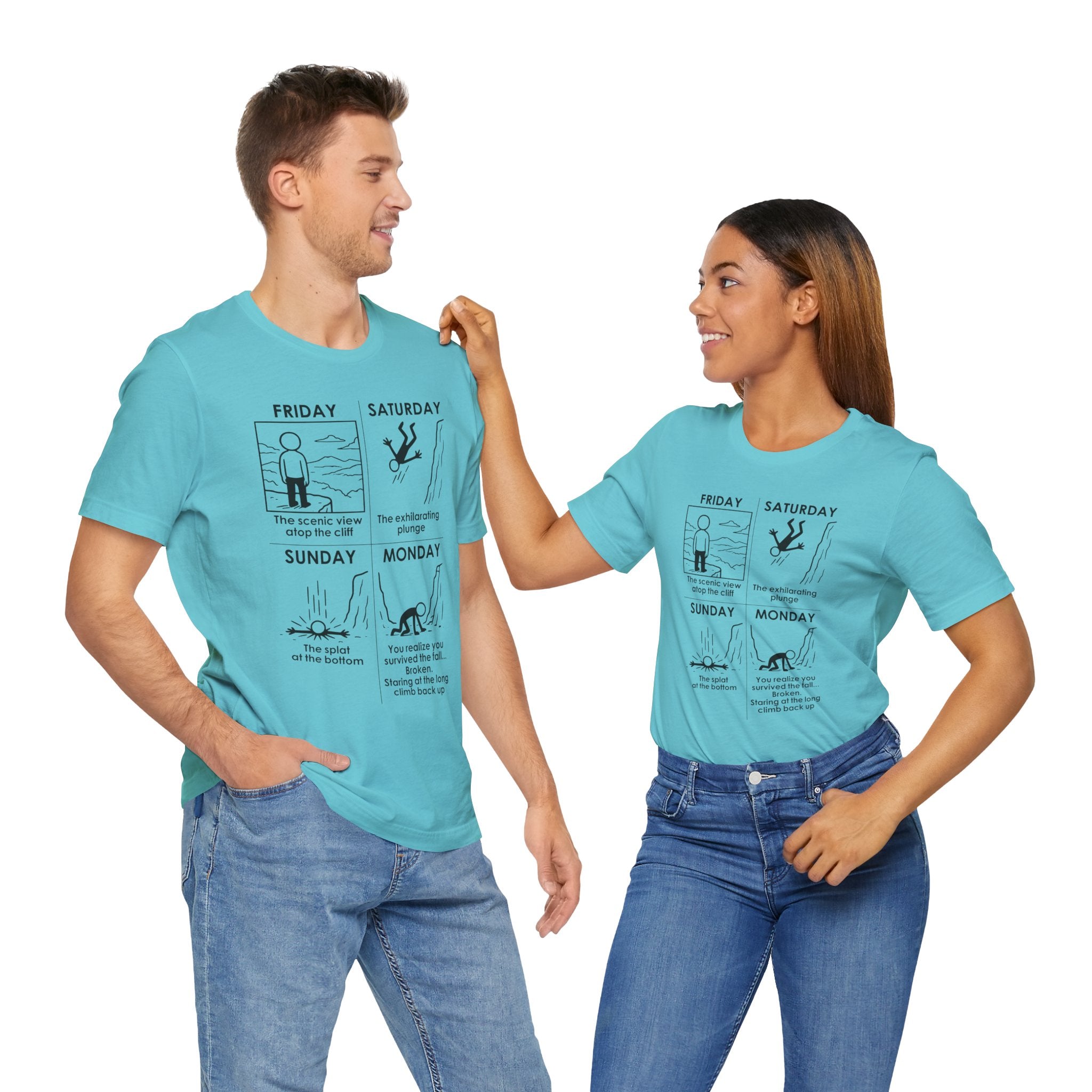 Weekend Cliff Comic T-Shirt – Dark Humor Friday to Monday Survival Graphic Tee
