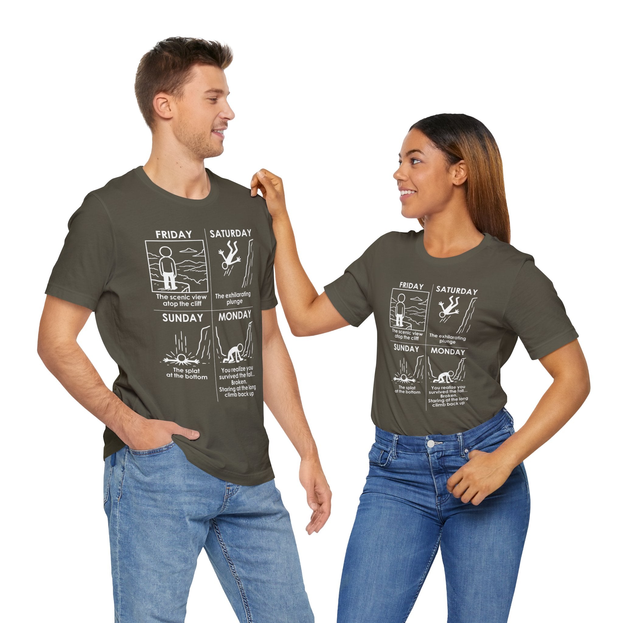 Weekend Cliff Comic T-Shirt – Dark Humor Friday to Monday Survival Graphic Tee