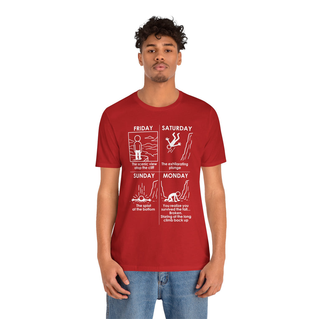 Weekend Cliff Comic T-Shirt – Dark Humor Friday to Monday Survival Graphic Tee